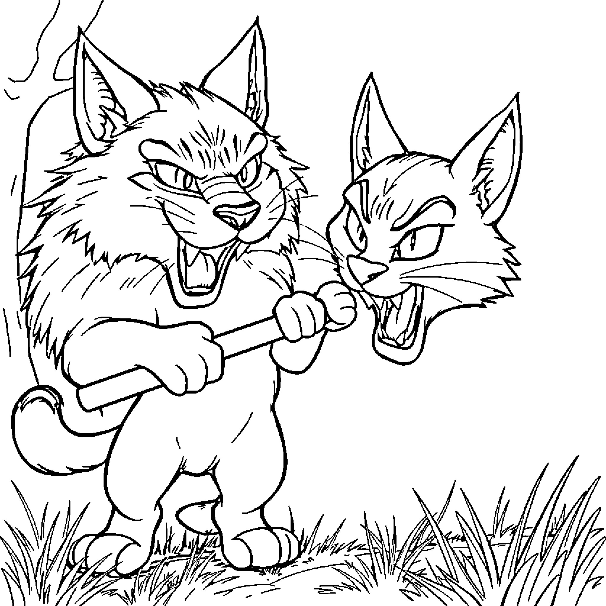 Puss in Boots fighting with another cat in the wild Coloring Page (free black-and-white line drawing printable PDF for all, from beginners to advanced learners, including children, teens, adults, and seniors)