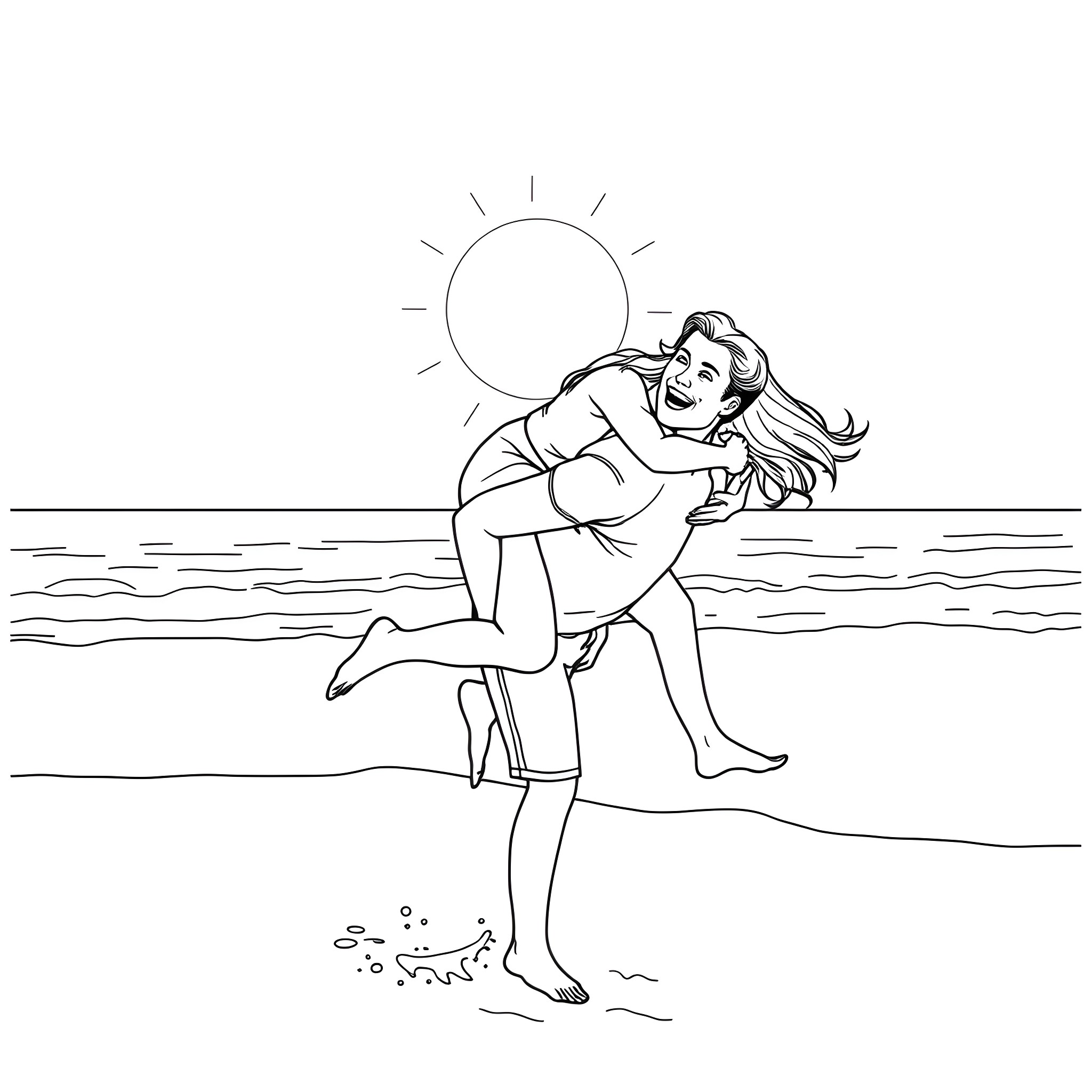 Woman carrying another woman on the beach Coloring Page (free black-and-white line drawing printable PDF for all, from beginners to advanced learners, including children, teens, adults, and seniors)