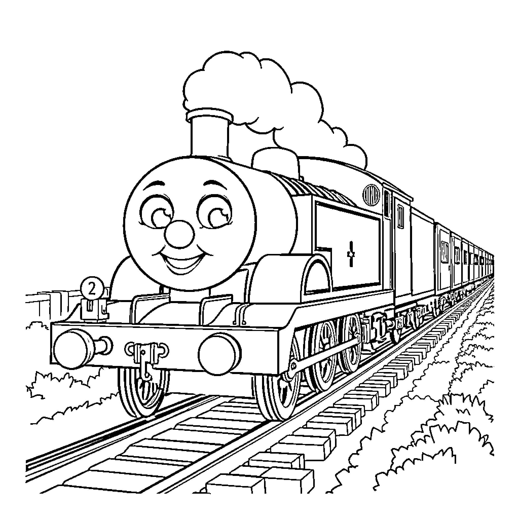 Thomas Train cheerfully traveling on the tracks Coloring Page (free black-and-white line drawing printable PDF for all, from beginners to advanced learners, including children, teens, adults, and seniors)