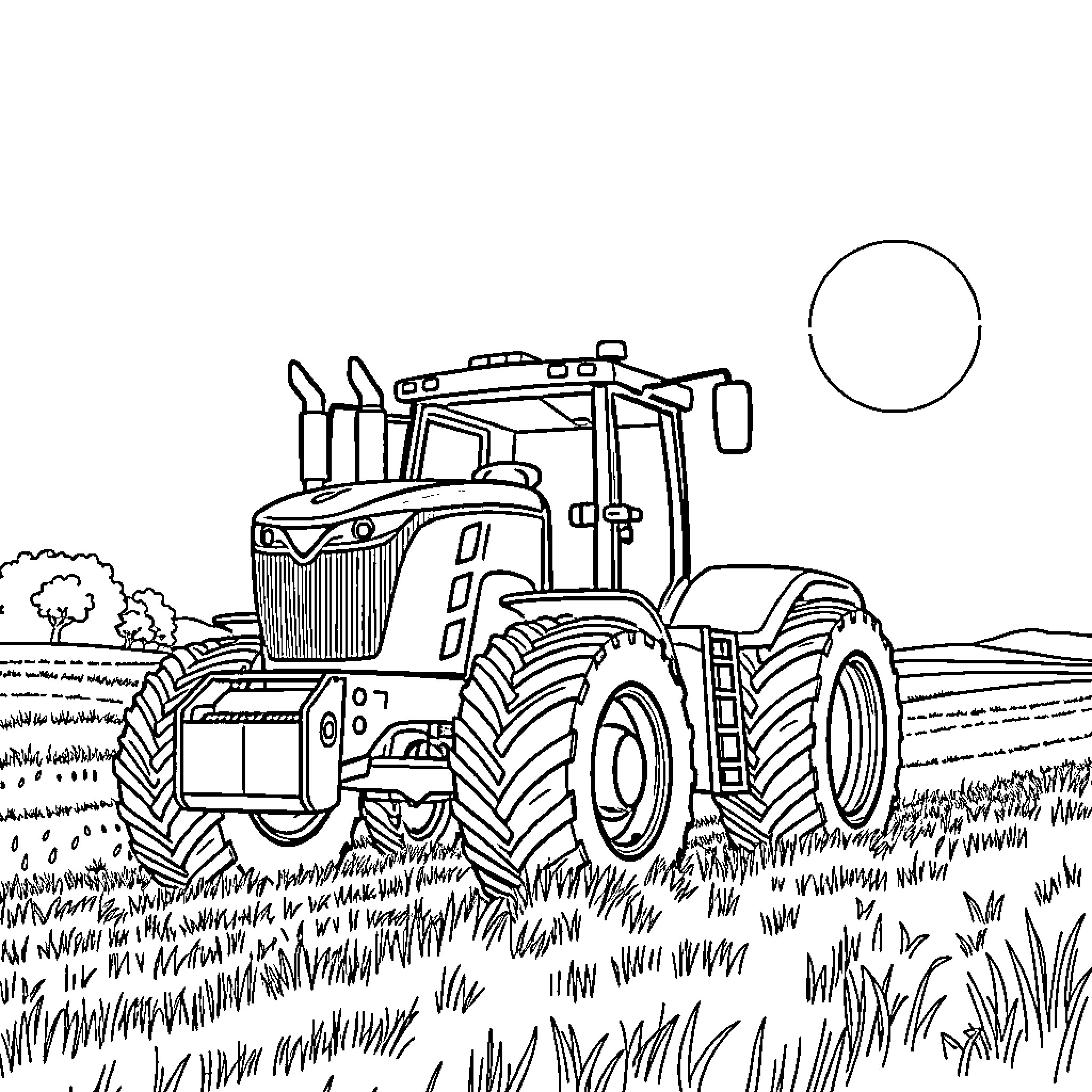 Tractor working in the countryside field Coloring Page (free black-and-white line drawing printable PDF for all, from beginners to advanced learners, including children, teens, adults, and seniors)
