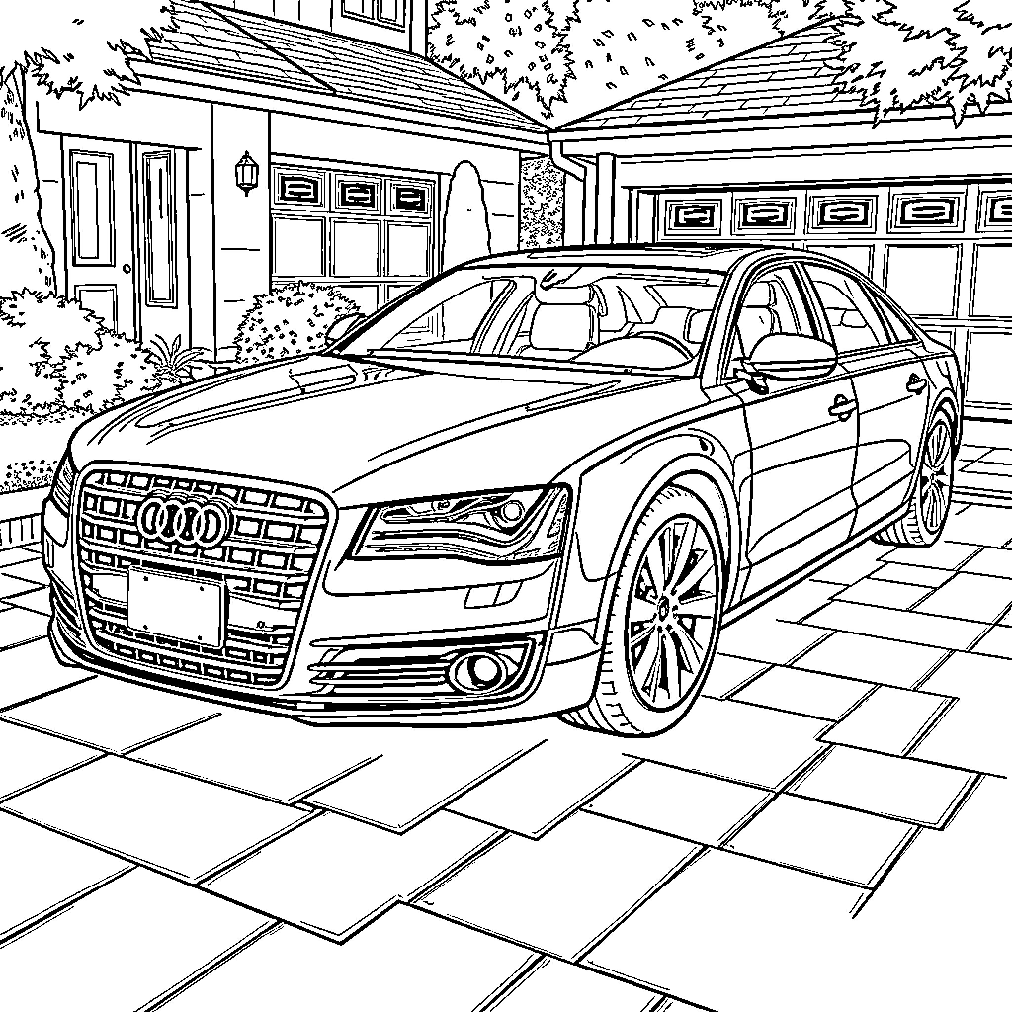 Audi luxury sedan parked in front of suburban home Coloring Page (free black-and-white line drawing printable PDF for all, from beginners to advanced learners, including children, teens, adults, and seniors)