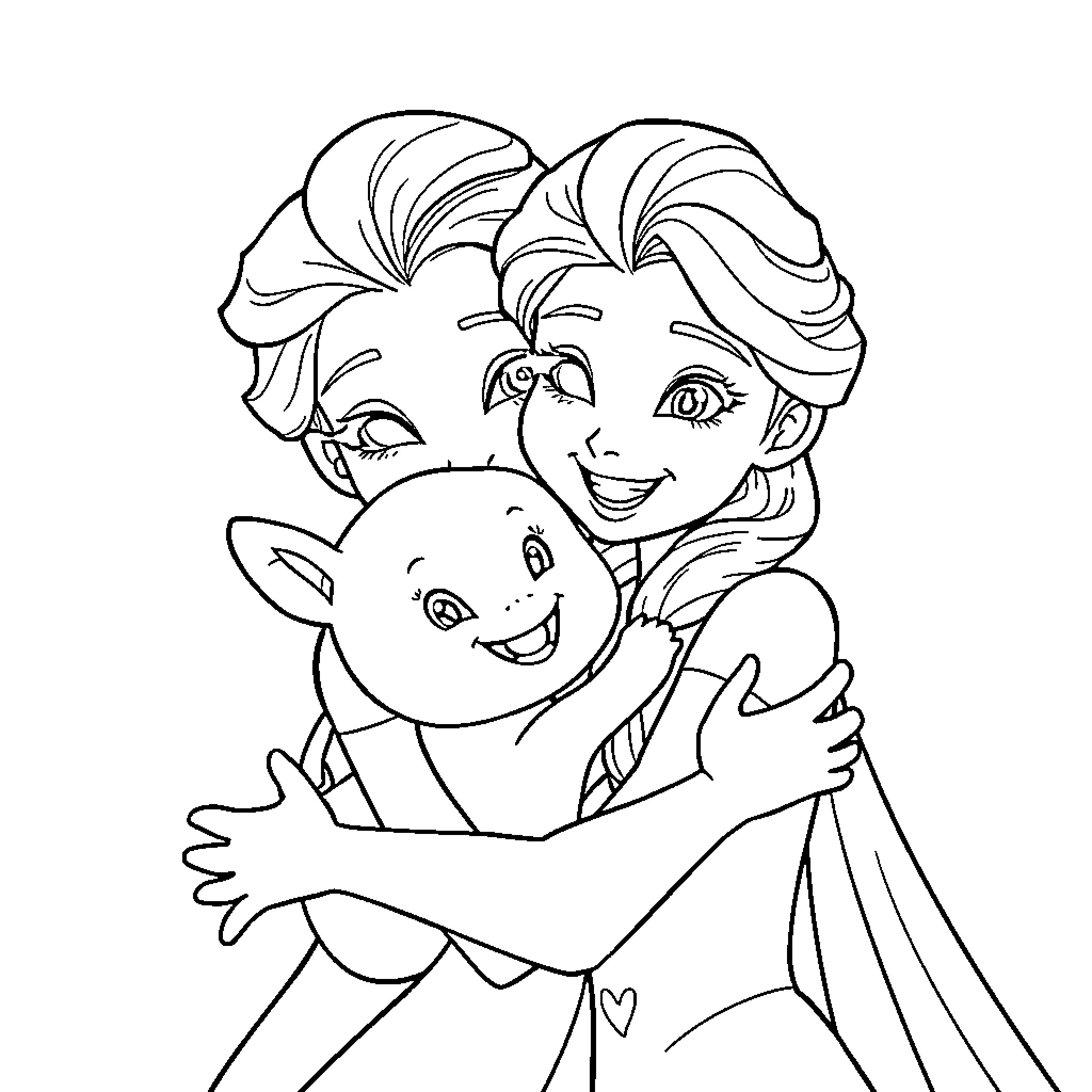 Elsa hugging a cute creature happily Coloring Page (free black-and-white line drawing printable PDF for all, from beginners to advanced learners, including children, teens, adults, and seniors)