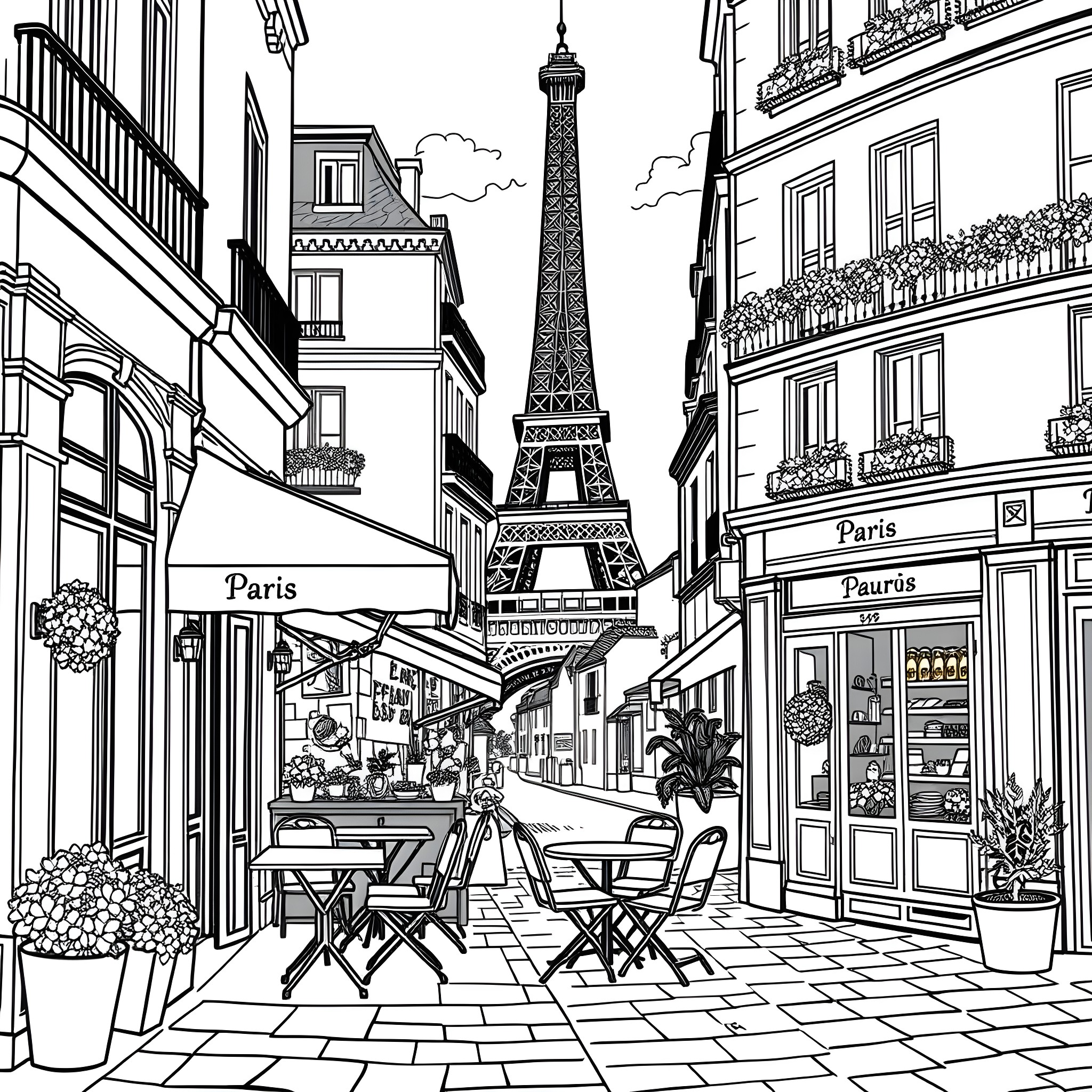 French Stuff: Bustling Parisian Street with Eiffel Tower Coloring Page (free black-and-white line drawing printable PDF for all, from beginners to advanced learners, including children, teens, adults, and seniors)
