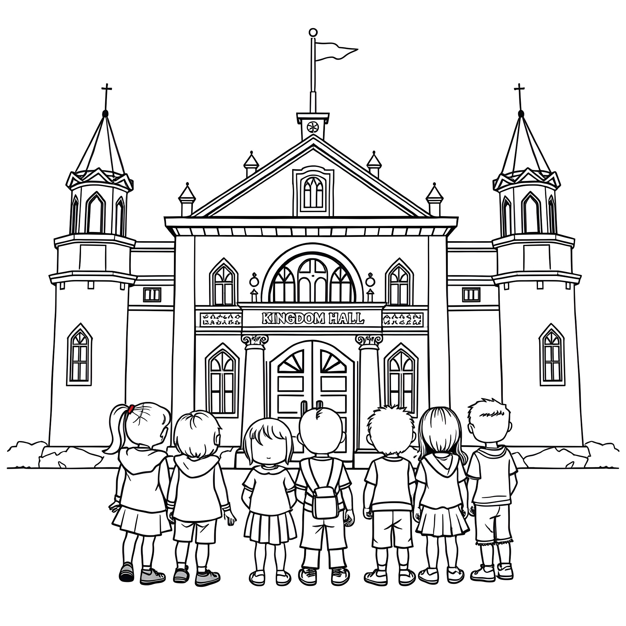Kids in front of a historic Kingdom Hall building Coloring Page (free black-and-white line drawing printable PDF for all, from beginners to advanced learners, including children, teens, adults, and seniors)