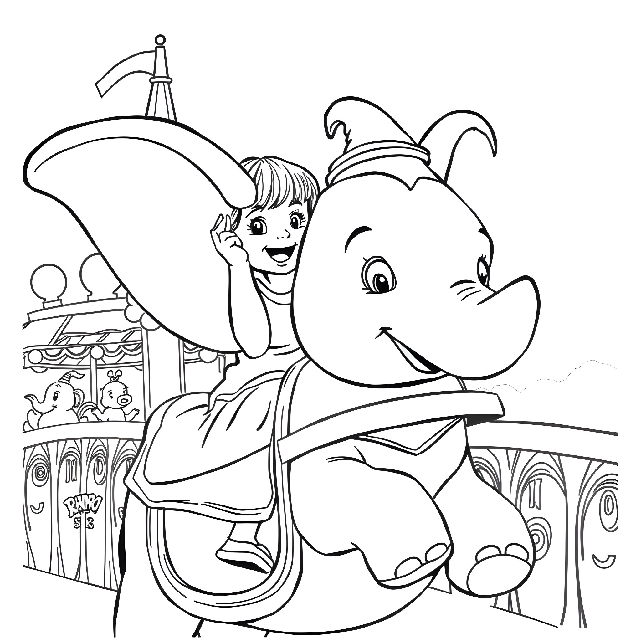 Girl playing happily with a cartoon elephant Coloring Page (free black-and-white line drawing printable PDF for all, from beginners to advanced learners, including children, teens, adults, and seniors)