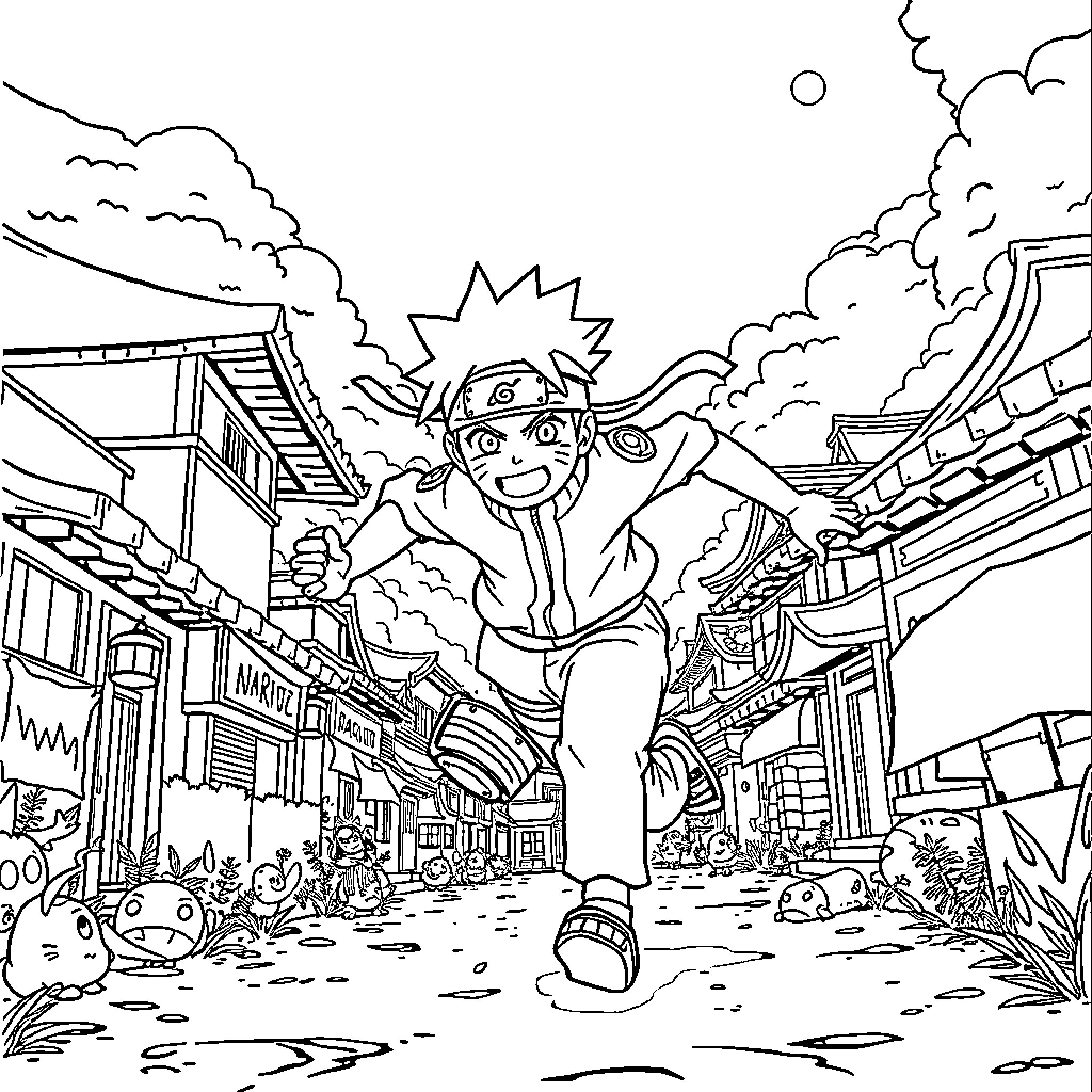Naruto's Vibrant Adventure in the Ninja Village Coloring Page (free black-and-white line drawing printable PDF for all, from beginners to advanced learners, including children, teens, adults, and seniors)
