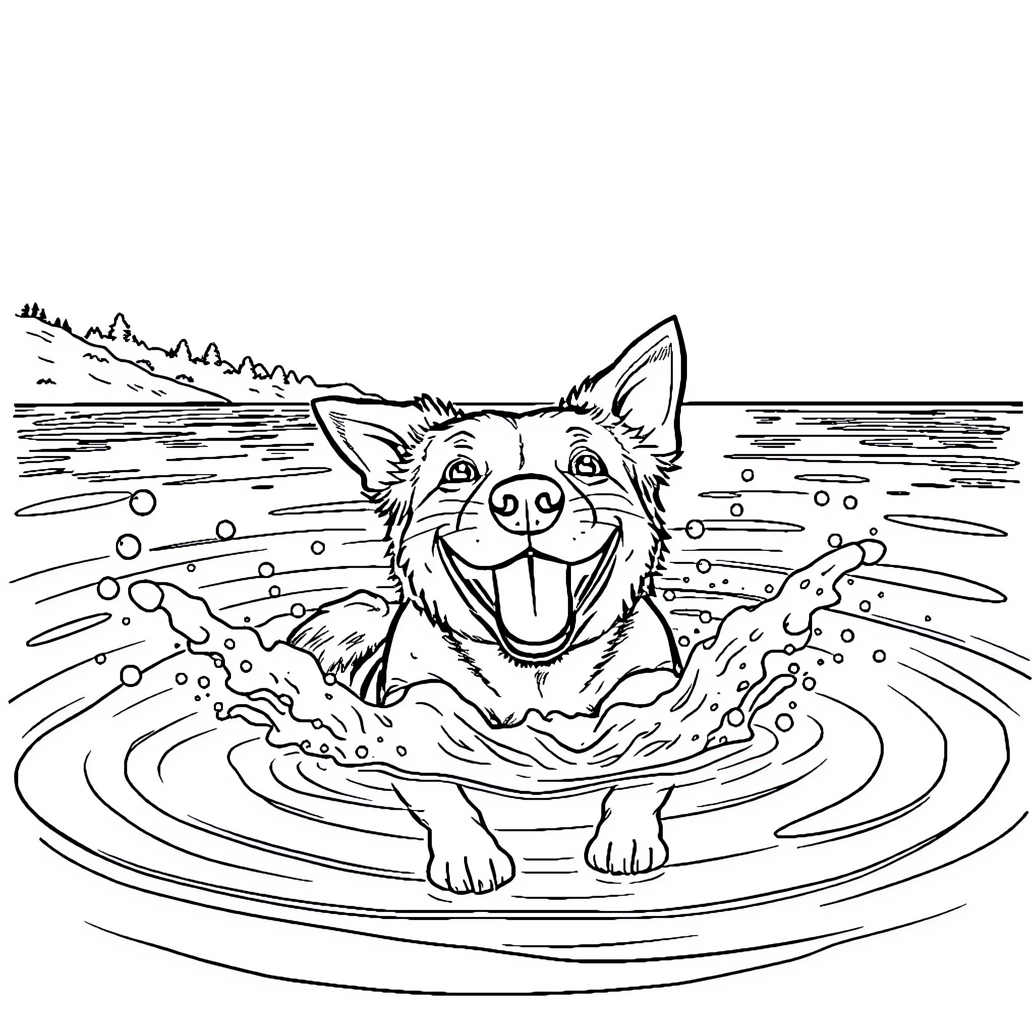 Dog happily swimming in the lake Coloring Page (free black-and-white line drawing printable PDF for all, from beginners to advanced learners, including children, teens, adults, and seniors)