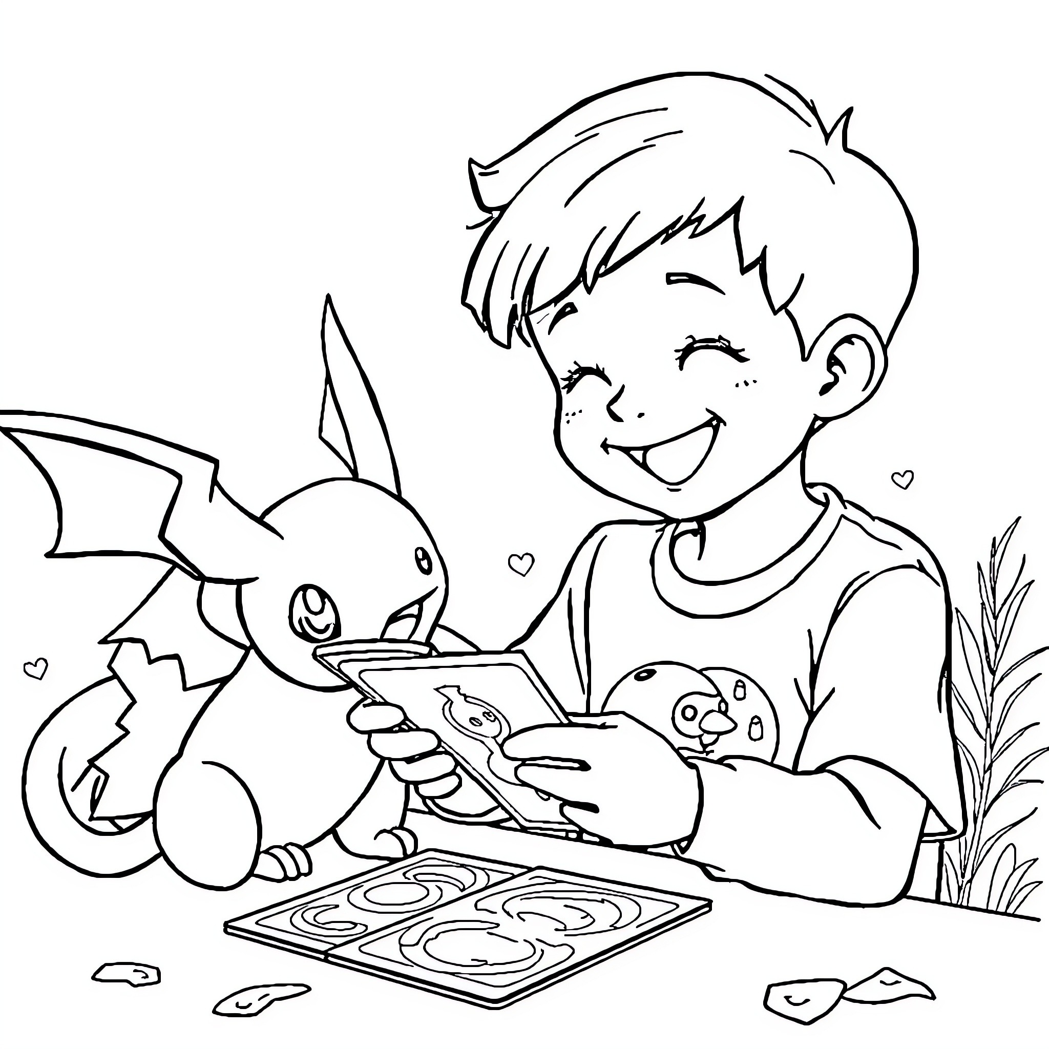 Child playing with digital pet on coloring page Coloring Page (free black-and-white line drawing printable PDF for all, from beginners to advanced learners, including children, teens, adults, and seniors)