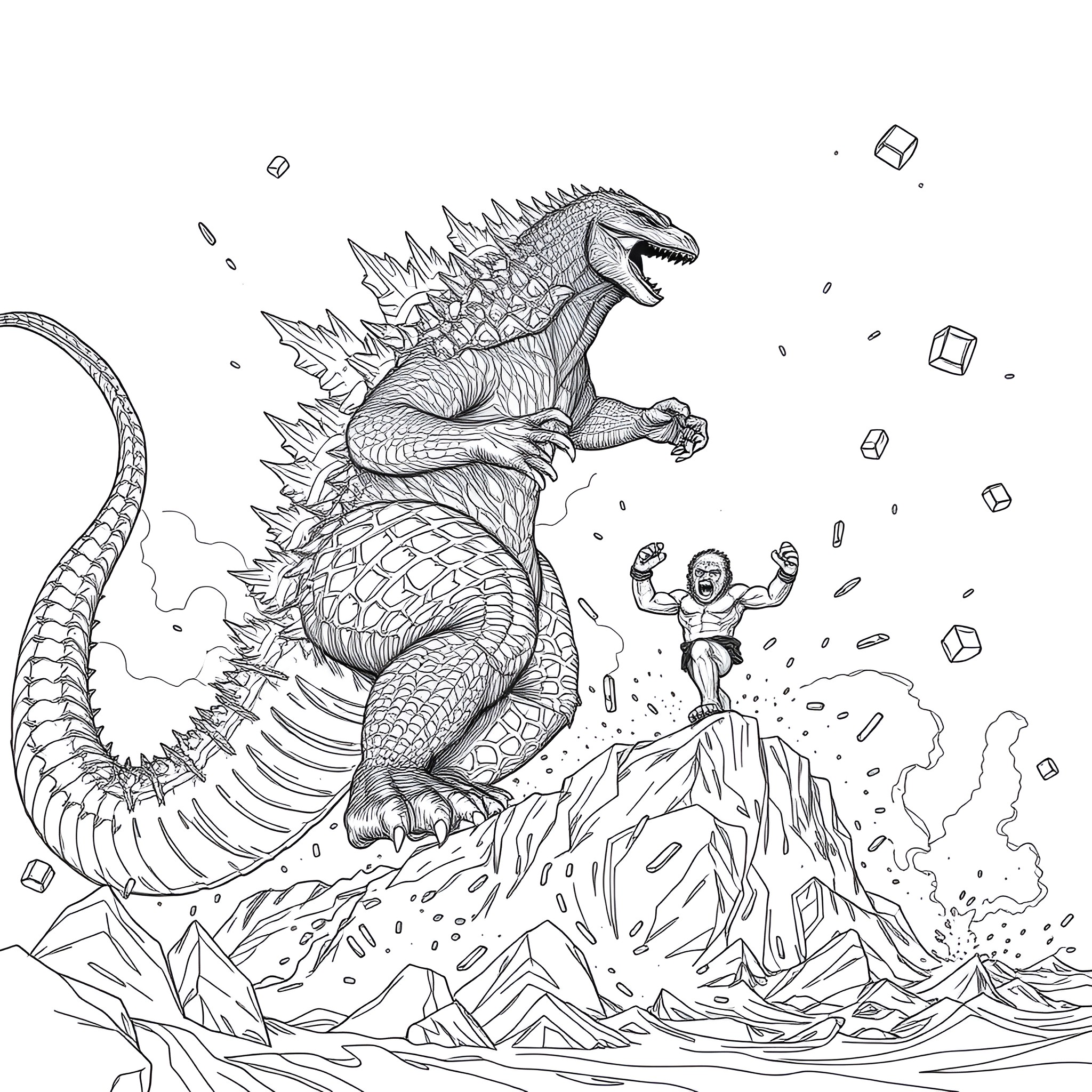 Godzilla battles a fearless warrior on a rocky terrain Coloring Page (free black-and-white line drawing printable PDF for all, from beginners to advanced learners, including children, teens, adults, and seniors)