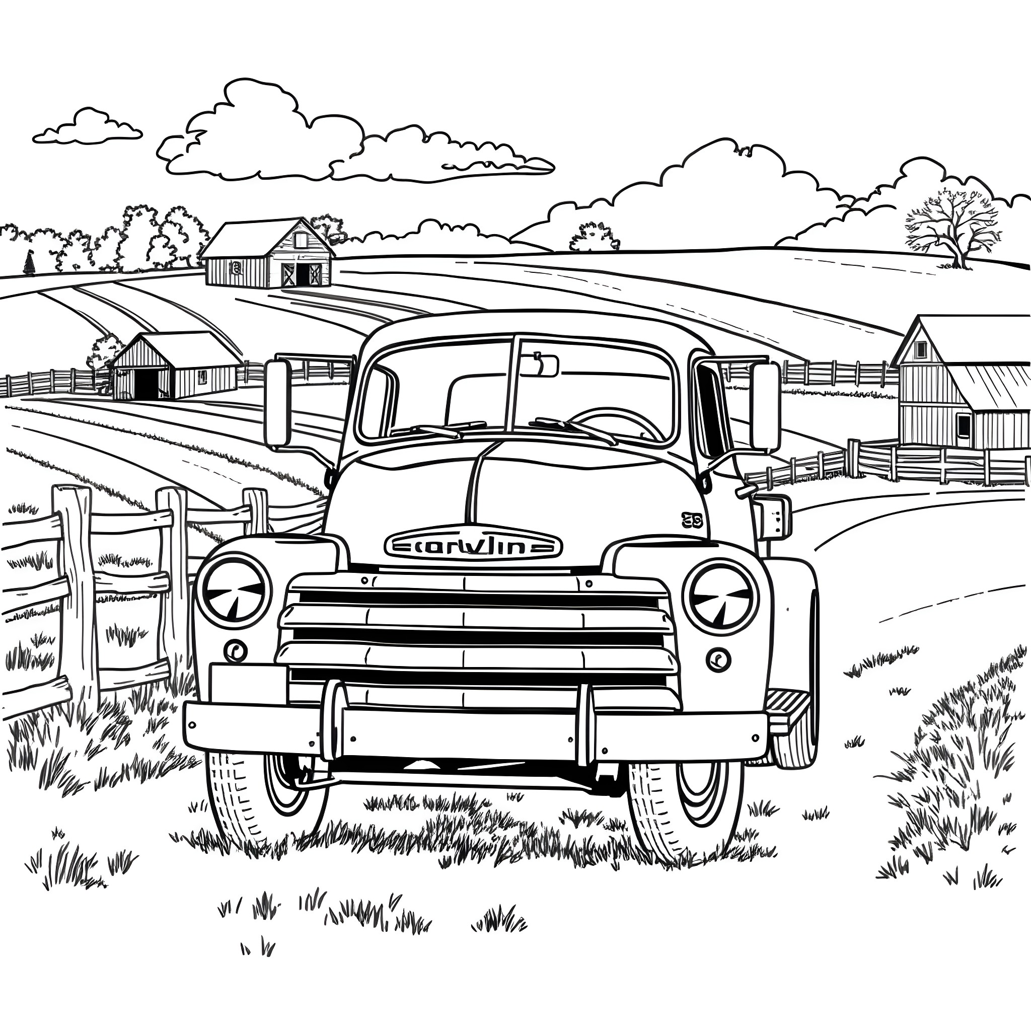 Truck on rural farm road with buildings in the background Coloring Page (free black-and-white line drawing printable PDF for all, from beginners to advanced learners, including children, teens, adults, and seniors)