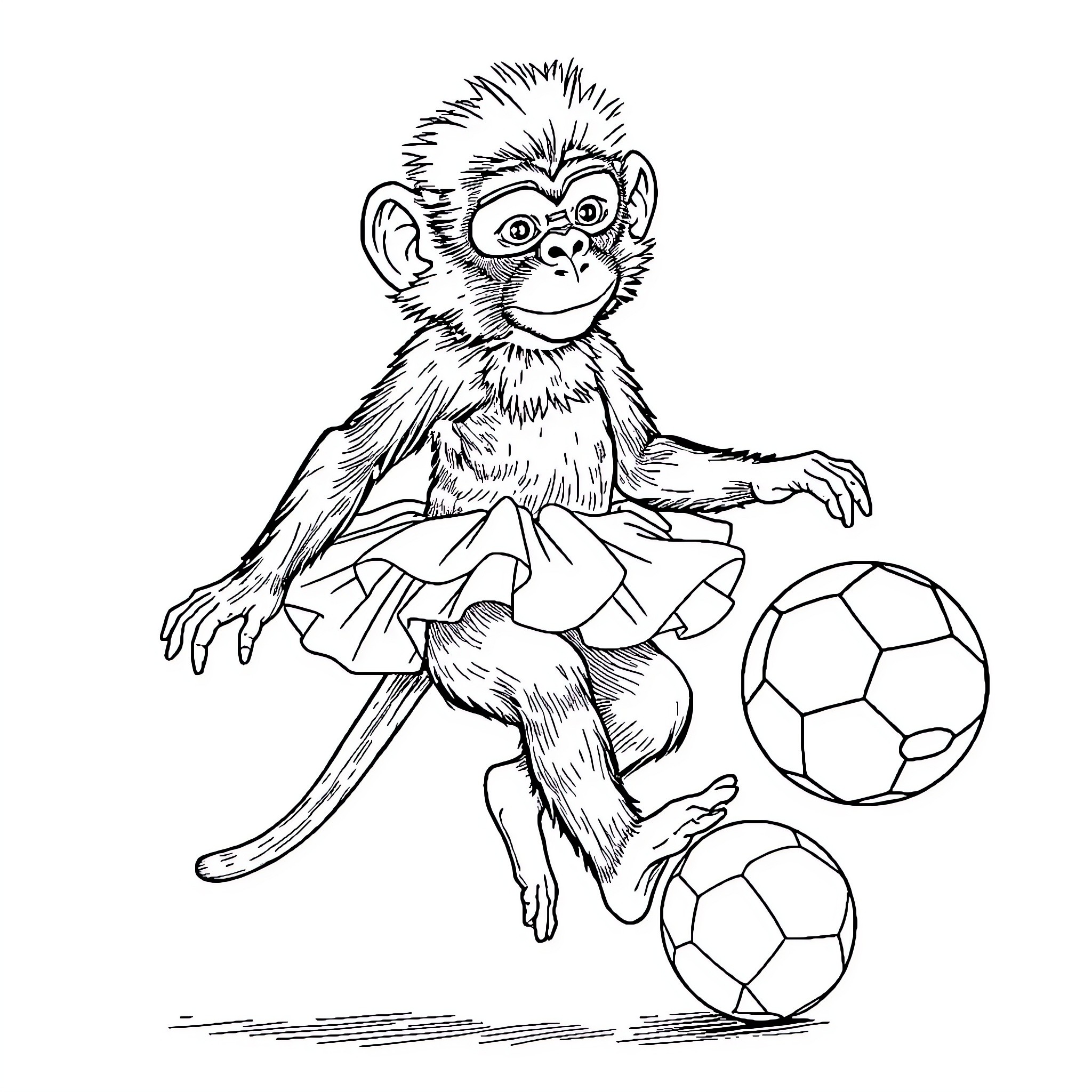 Ballerina Monkey Playing Joyfully with Soccer Balls Coloring Page (free black-and-white line drawing printable PDF for all, from beginners to advanced learners, including children, teens, adults, and seniors)