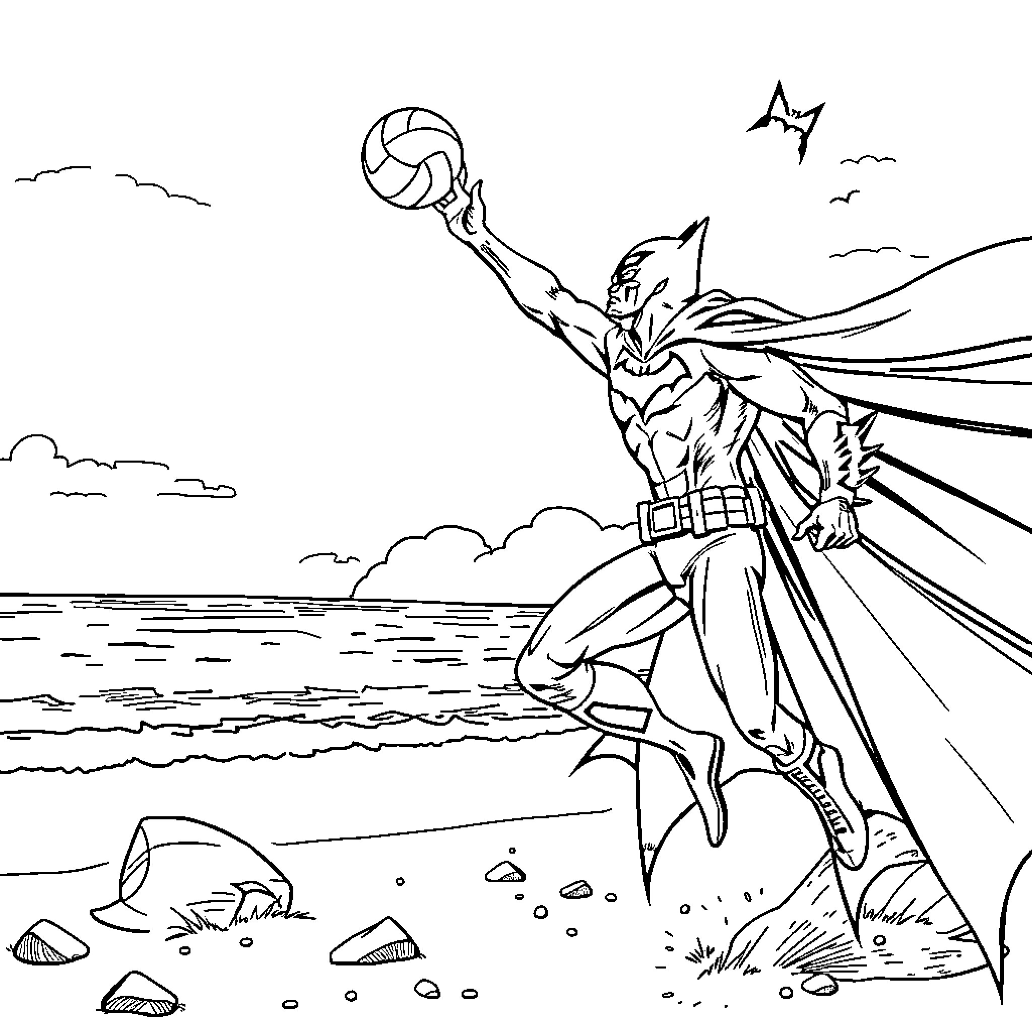 Batman Soaring with Volleyball in Coastal Landscape Coloring Page (free black-and-white line drawing printable PDF for all, from beginners to advanced learners, including children, teens, adults, and seniors)
