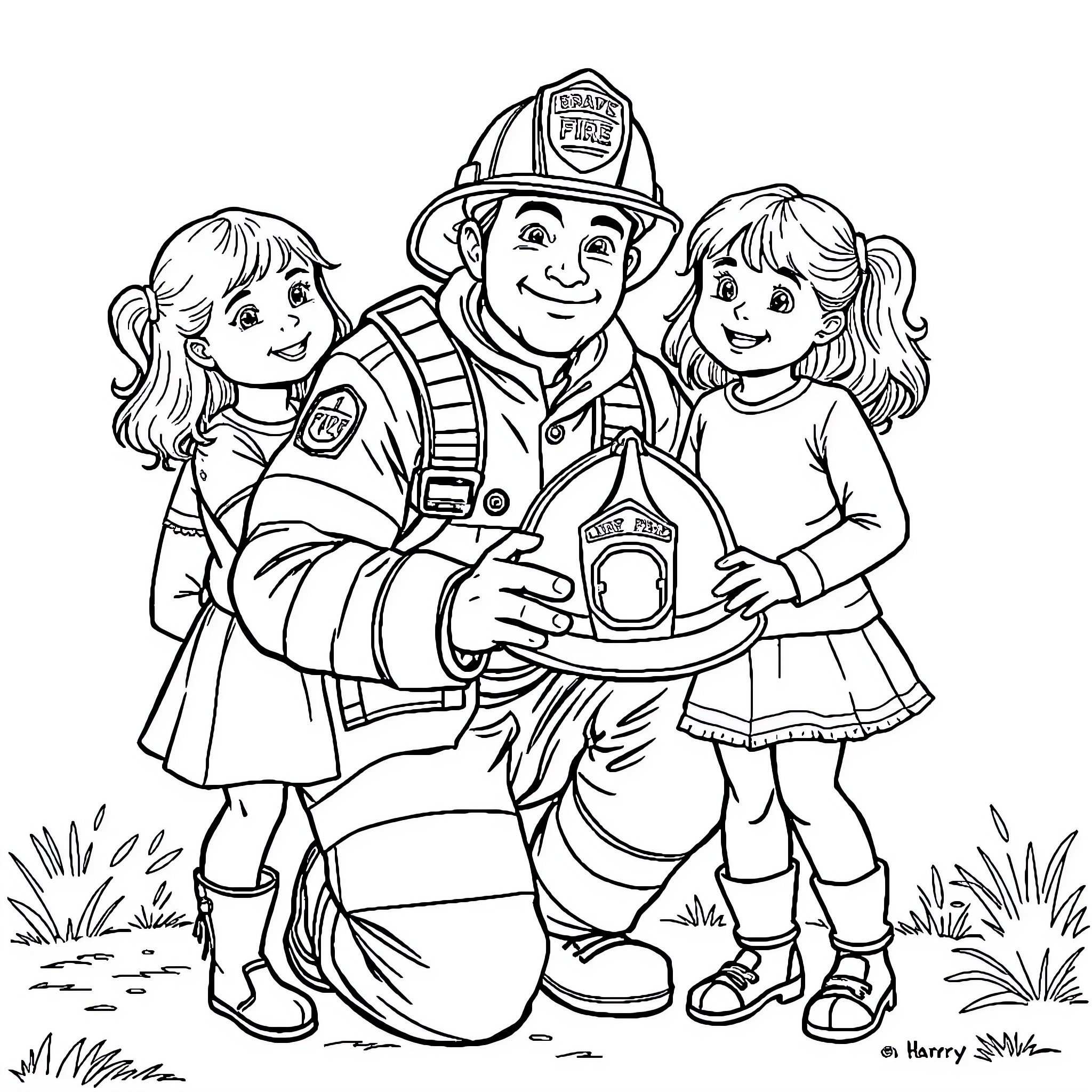 Firefighter assists children with fire safety equipment Coloring Page (free black-and-white line drawing printable PDF for all, from beginners to advanced learners, including children, teens, adults, and seniors)