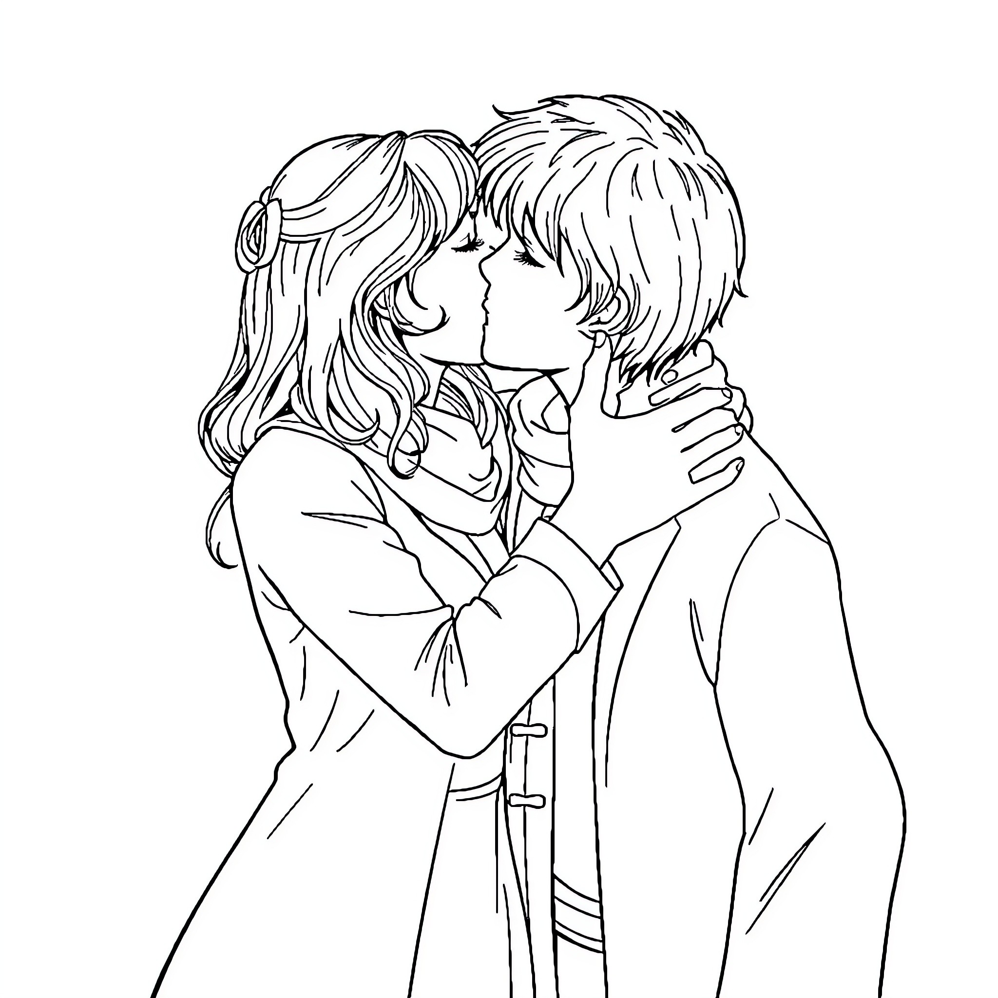 Hermione's Tender Embrace Coloring Page (free black-and-white line drawing printable PDF for all, from beginners to advanced learners, including children, teens, adults, and seniors)