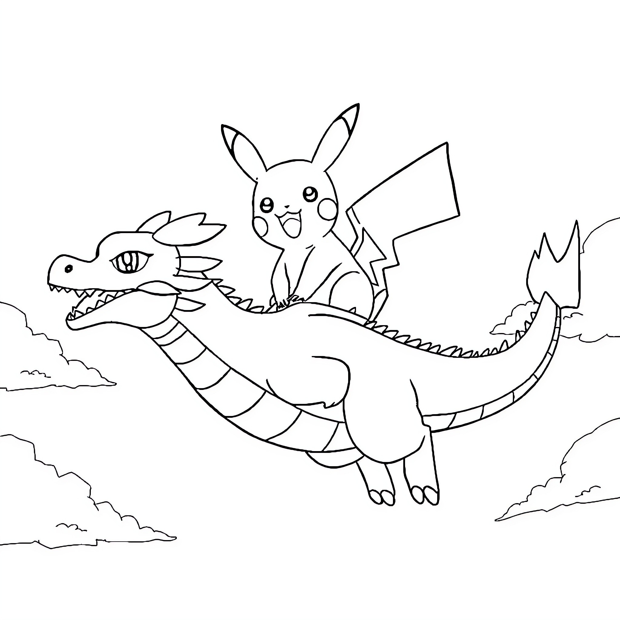 Pikachu riding on a dragon Coloring Page (free black-and-white line drawing printable PDF for all, from beginners to advanced learners, including children, teens, adults, and seniors)
