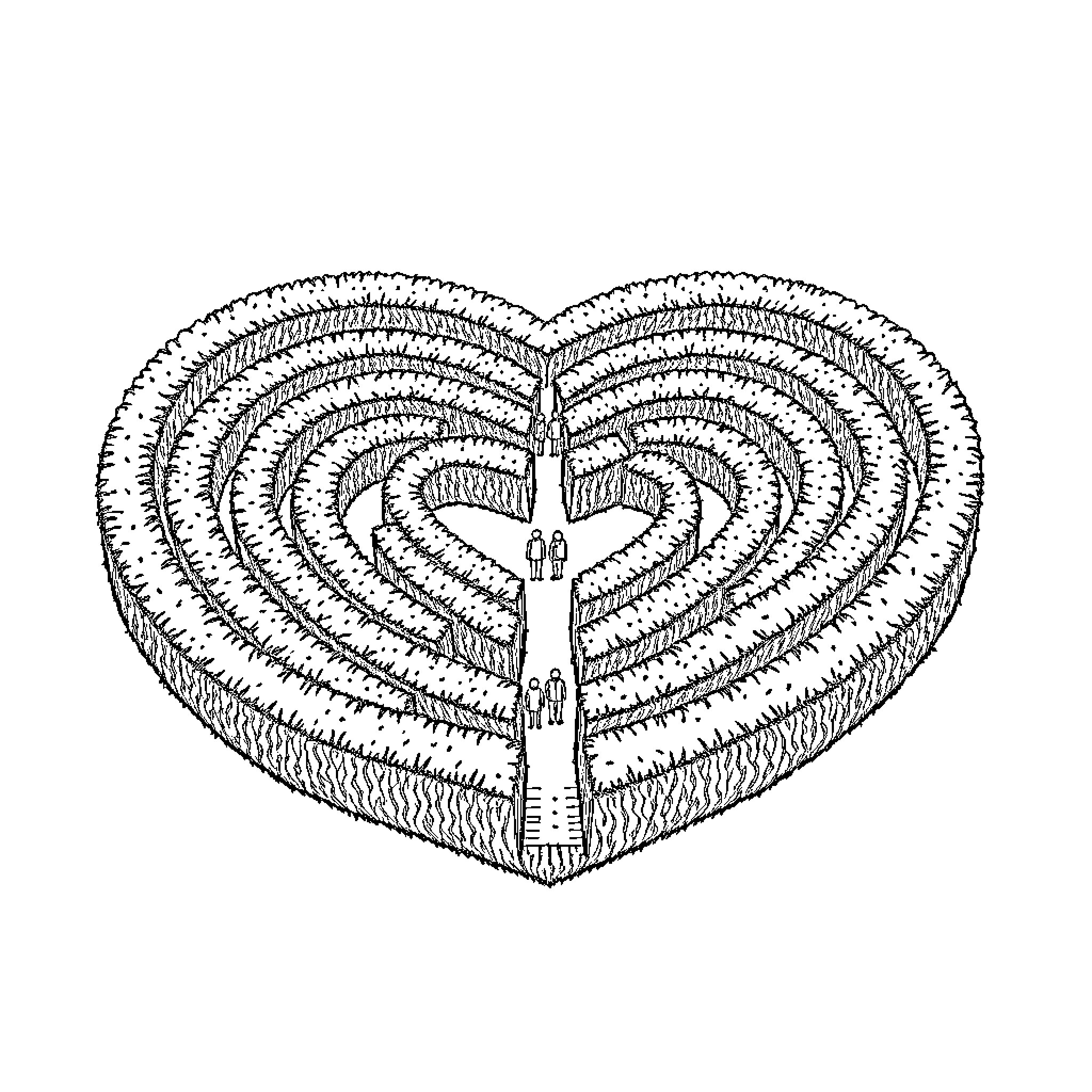 Maze of Intricate Heart Patterns Coloring Page (free black-and-white line drawing printable PDF for all, from beginners to advanced learners, including children, teens, adults, and seniors)