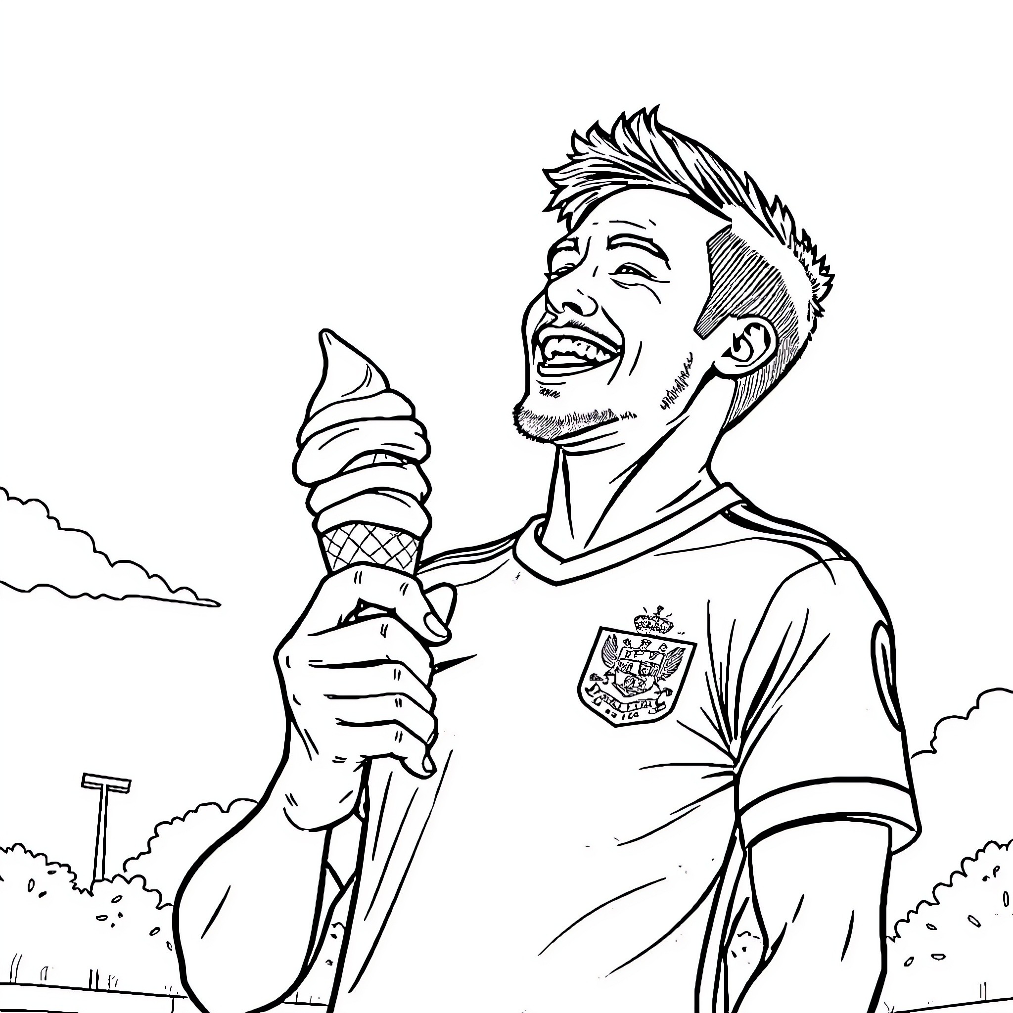 Soccer Player Enjoying an Ice Cream Treat Coloring Page (free black-and-white line drawing printable PDF for all, from beginners to advanced learners, including children, teens, adults, and seniors)