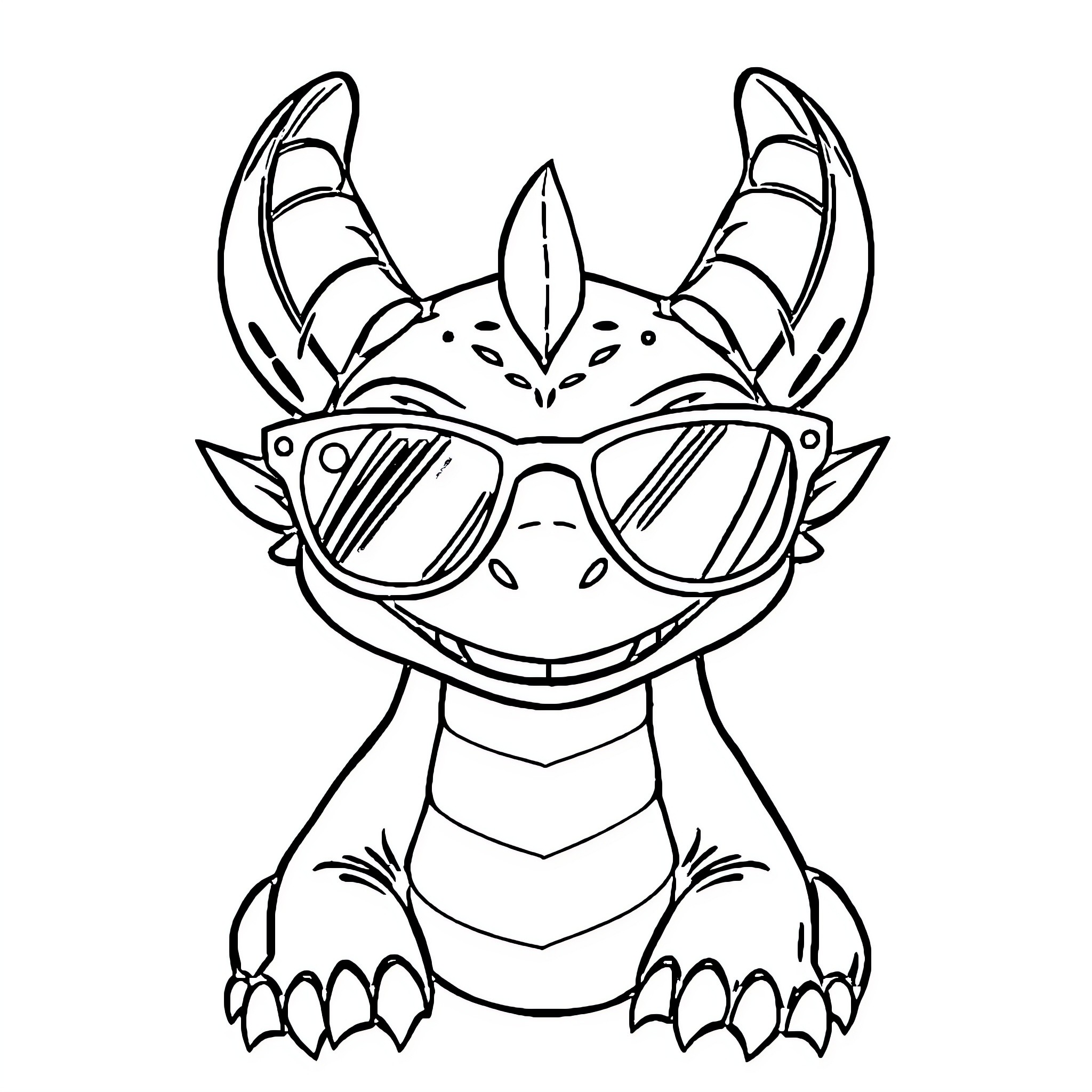 Dragon wearing cool sunglasses with playful expression Coloring Page (free black-and-white line drawing printable PDF for all, from beginners to advanced learners, including children, teens, adults, and seniors)