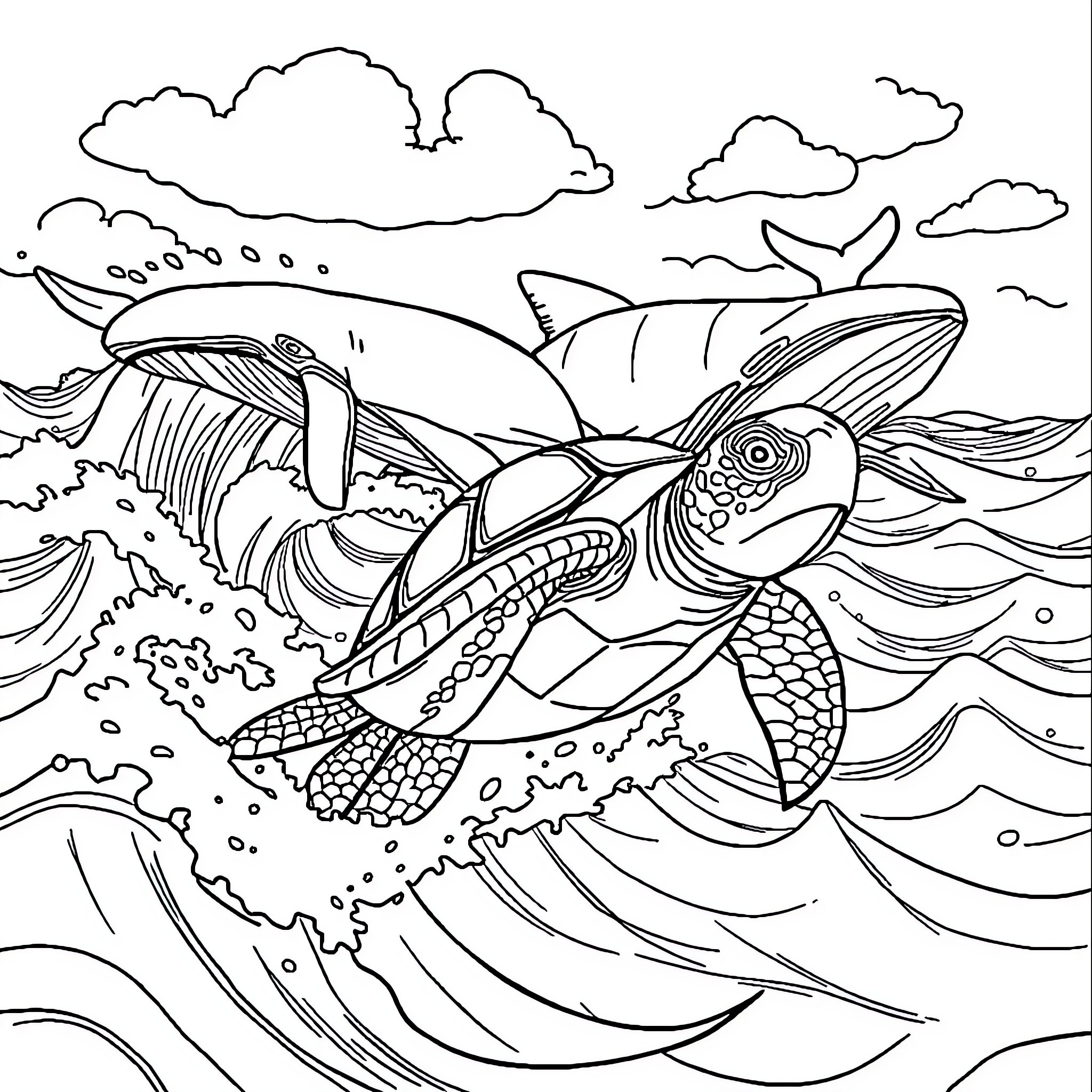 Turtle swims through the raging waves Coloring Page (free black-and-white line drawing printable PDF for all, from beginners to advanced learners, including children, teens, adults, and seniors)