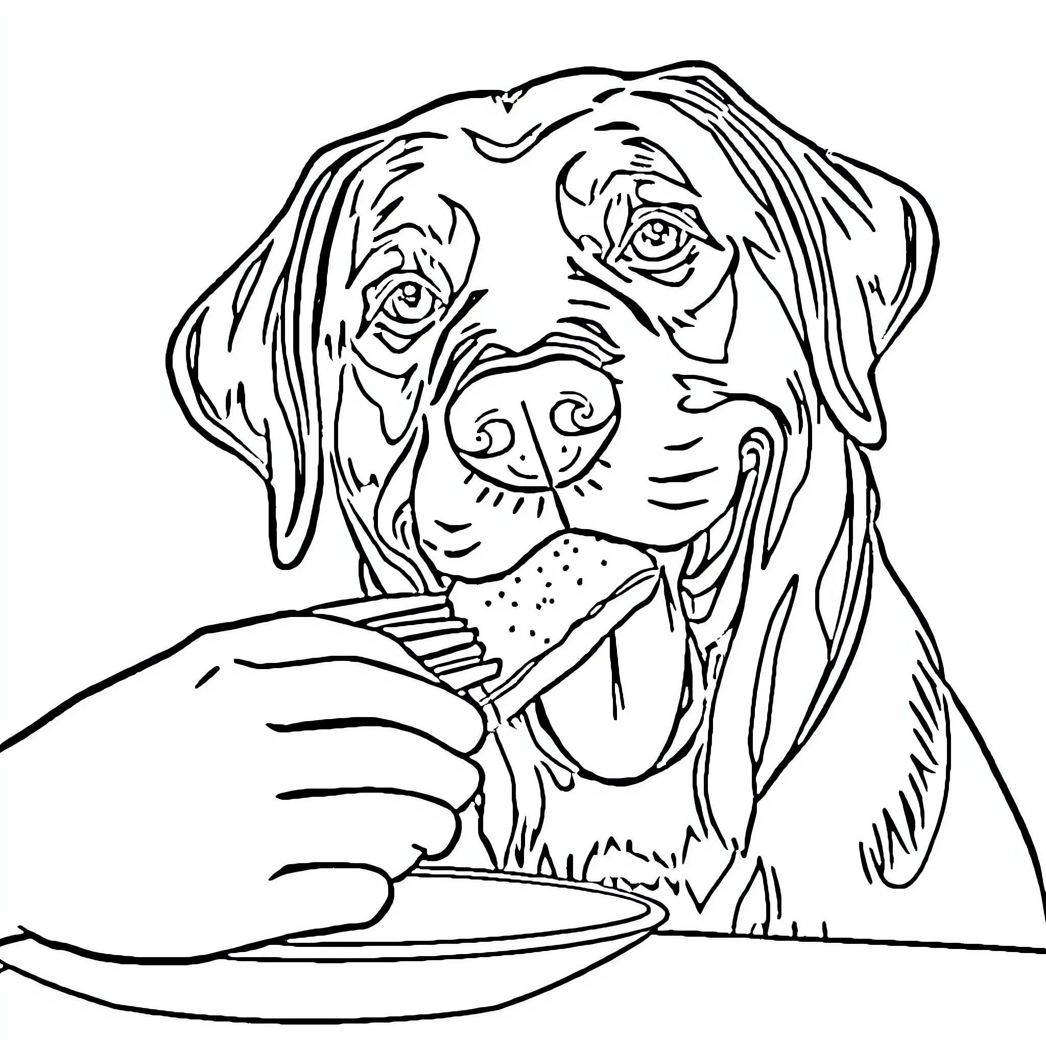 Dog enjoying a treat Coloring Page (free black-and-white line drawing printable PDF for all, from beginners to advanced learners, including children, teens, adults, and seniors)