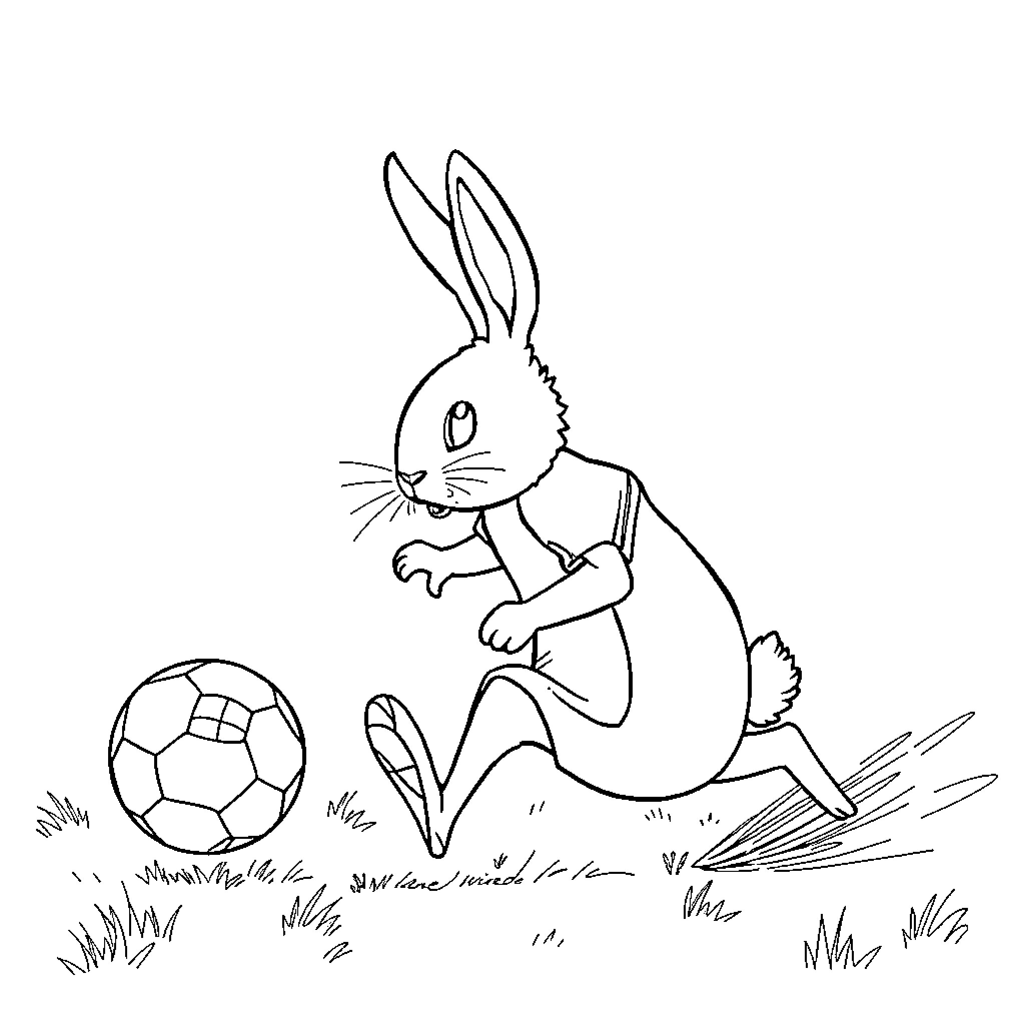 Rabbit playing soccer on a grassy field Coloring Page (free black-and-white line drawing printable PDF for all, from beginners to advanced learners, including children, teens, adults, and seniors)