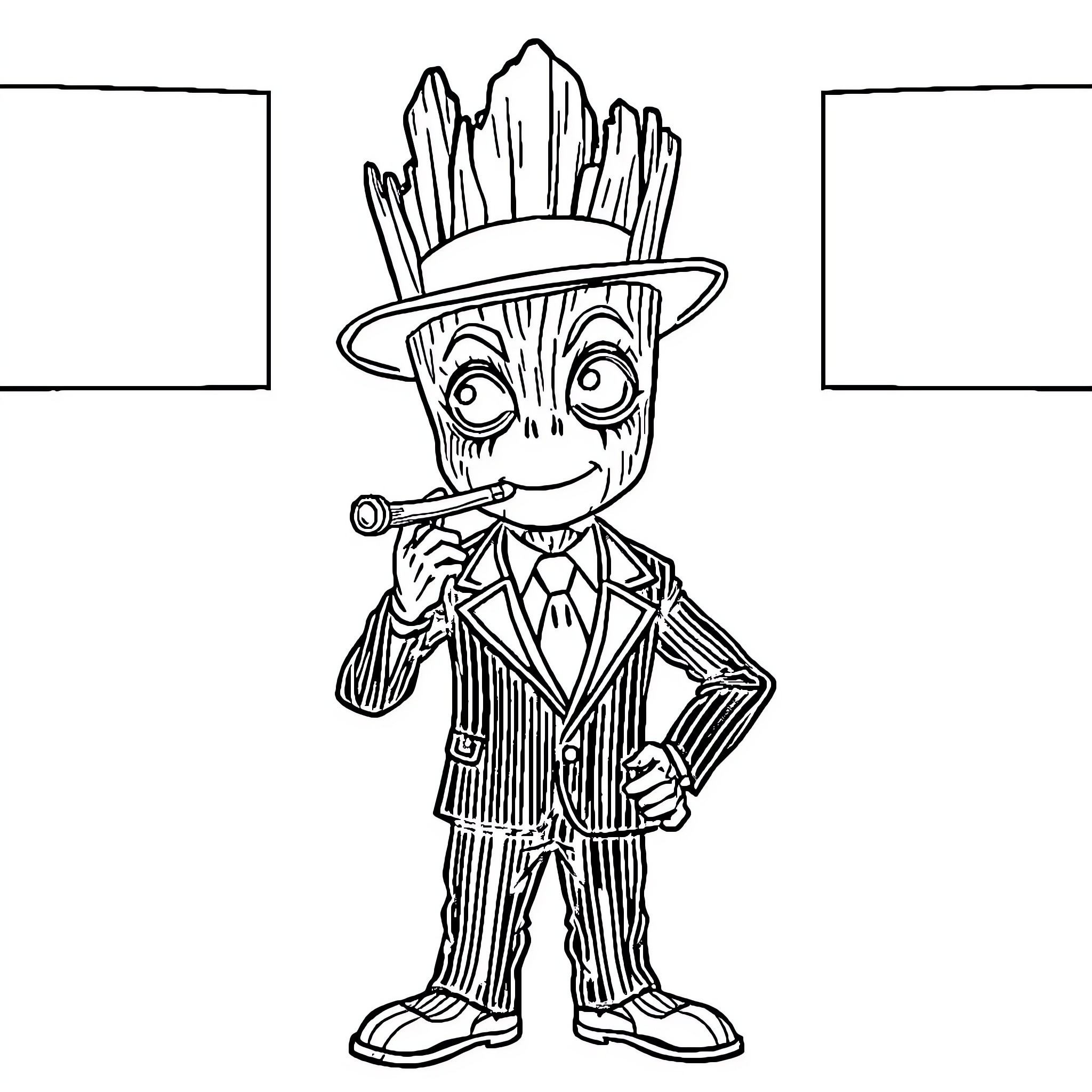 Groot dressed in a suit with a quirky expression Coloring Page (free black-and-white line drawing printable PDF for all, from beginners to advanced learners, including children, teens, adults, and seniors)