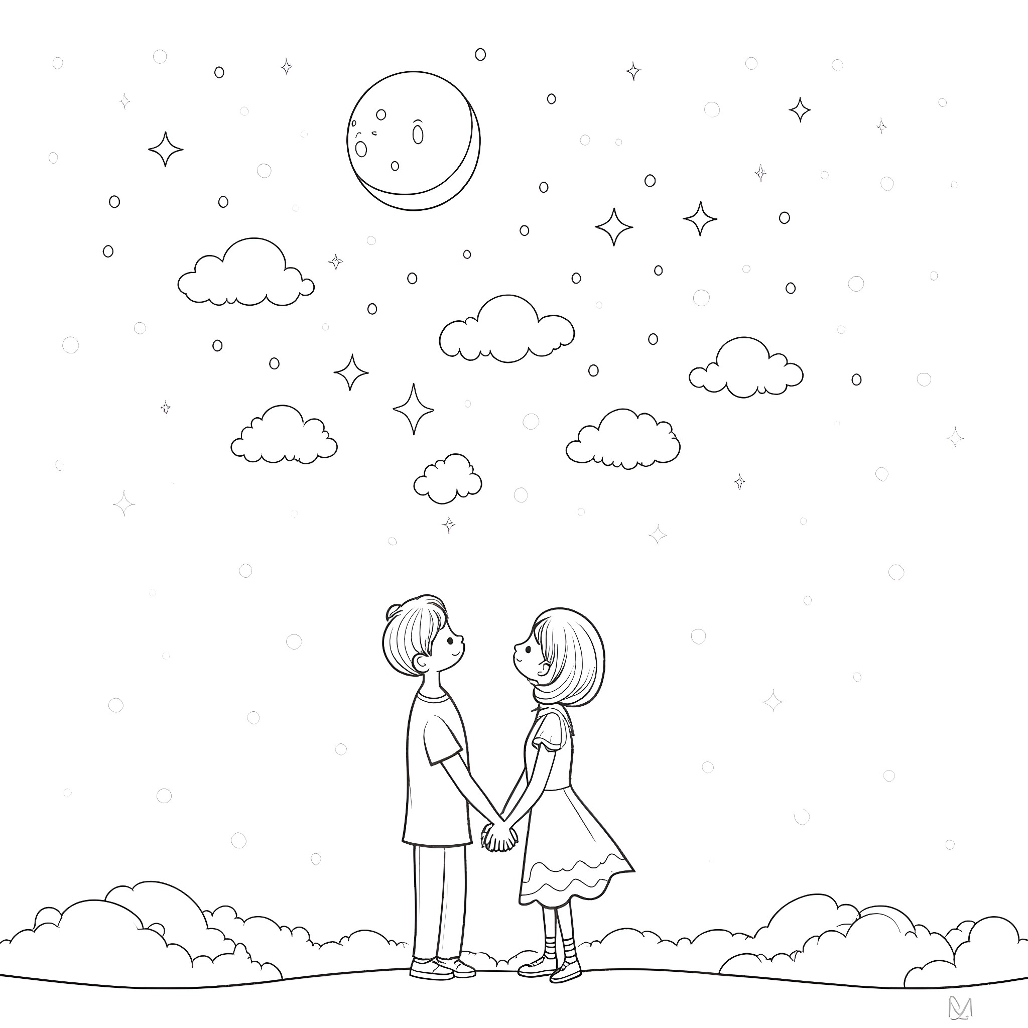 Moon and starry night with couple walking Coloring Page (free black-and-white line drawing printable PDF for all, from beginners to advanced learners, including children, teens, adults, and seniors)