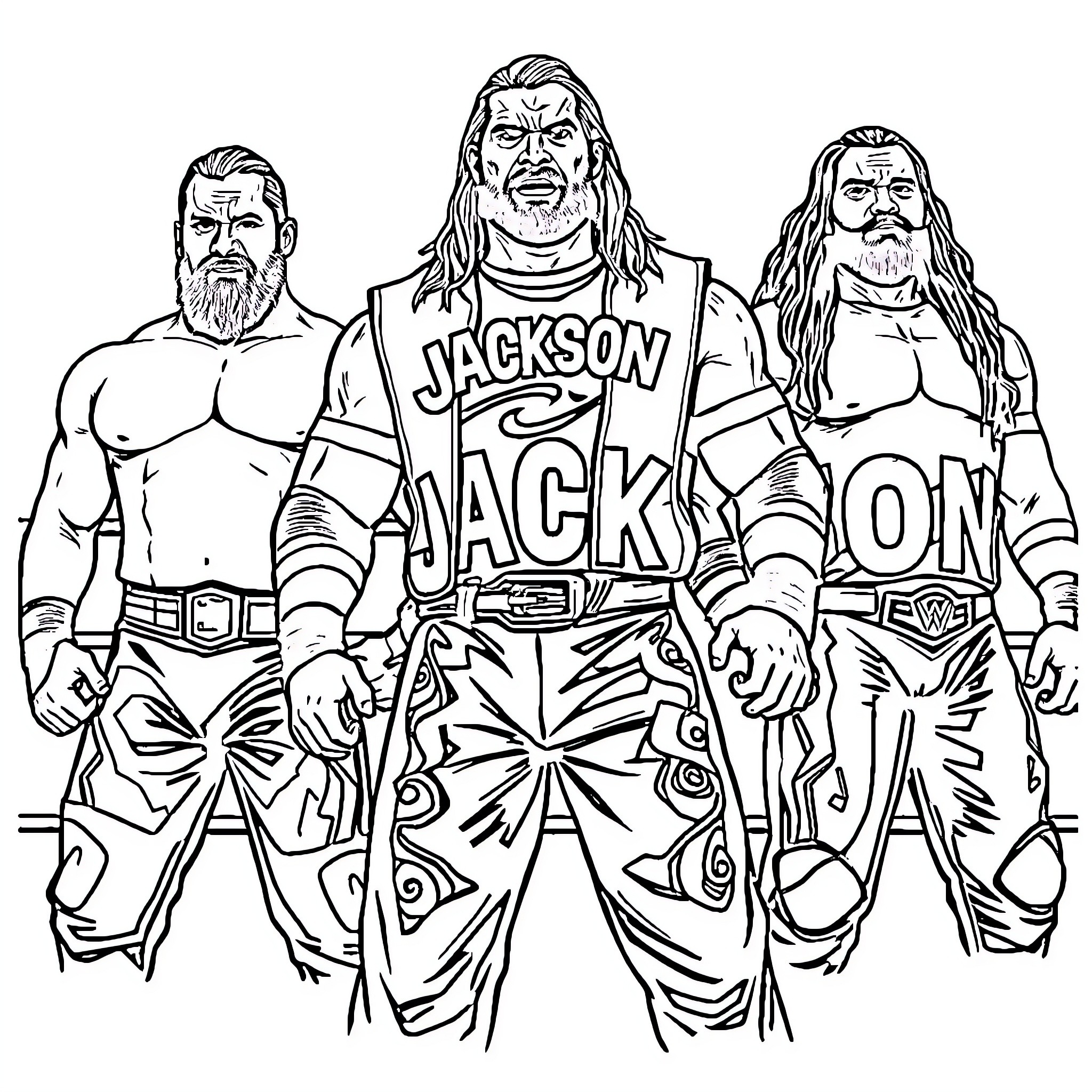Wrestlers in dynamic poses and attire Coloring Page (free black-and-white line drawing printable PDF for all, from beginners to advanced learners, including children, teens, adults, and seniors)