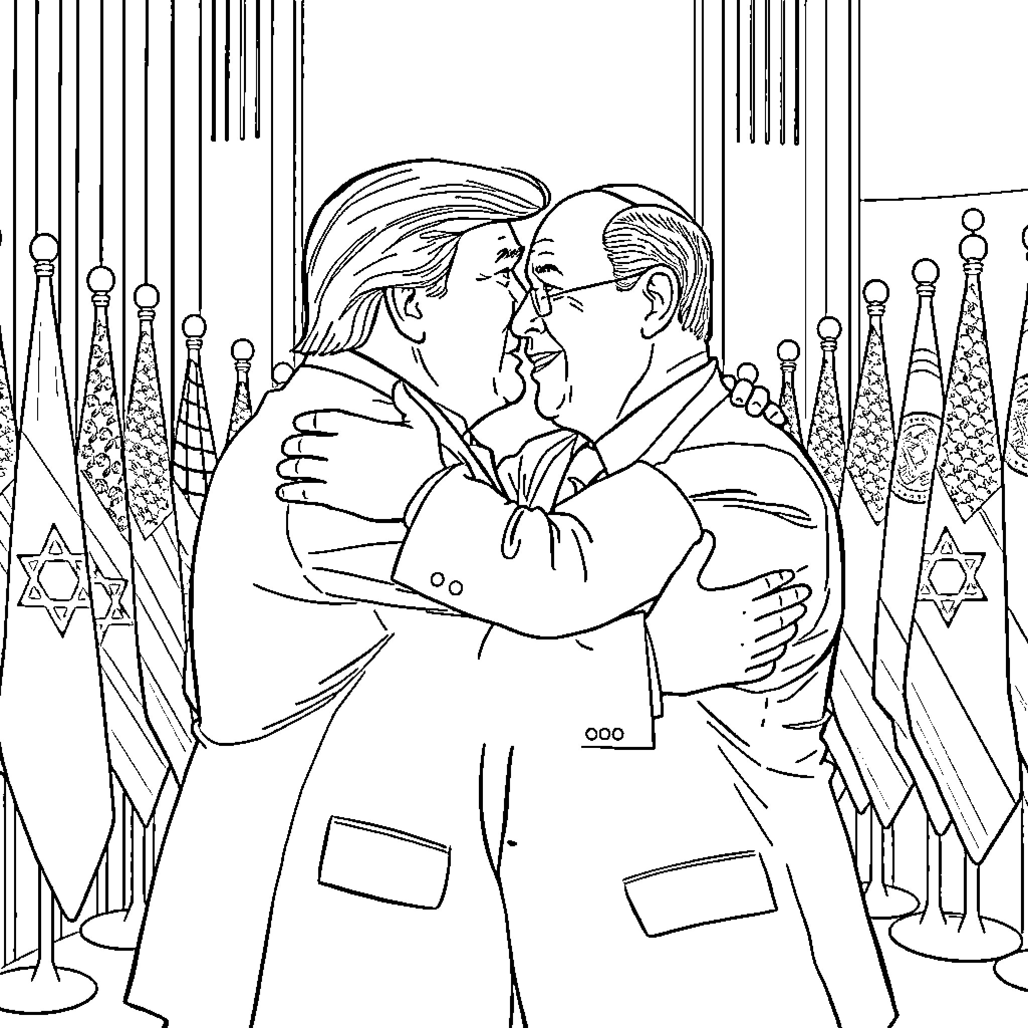 Trump embracing a political ally in a formal setting Coloring Page (free black-and-white line drawing printable PDF for all, from beginners to advanced learners, including children, teens, adults, and seniors)