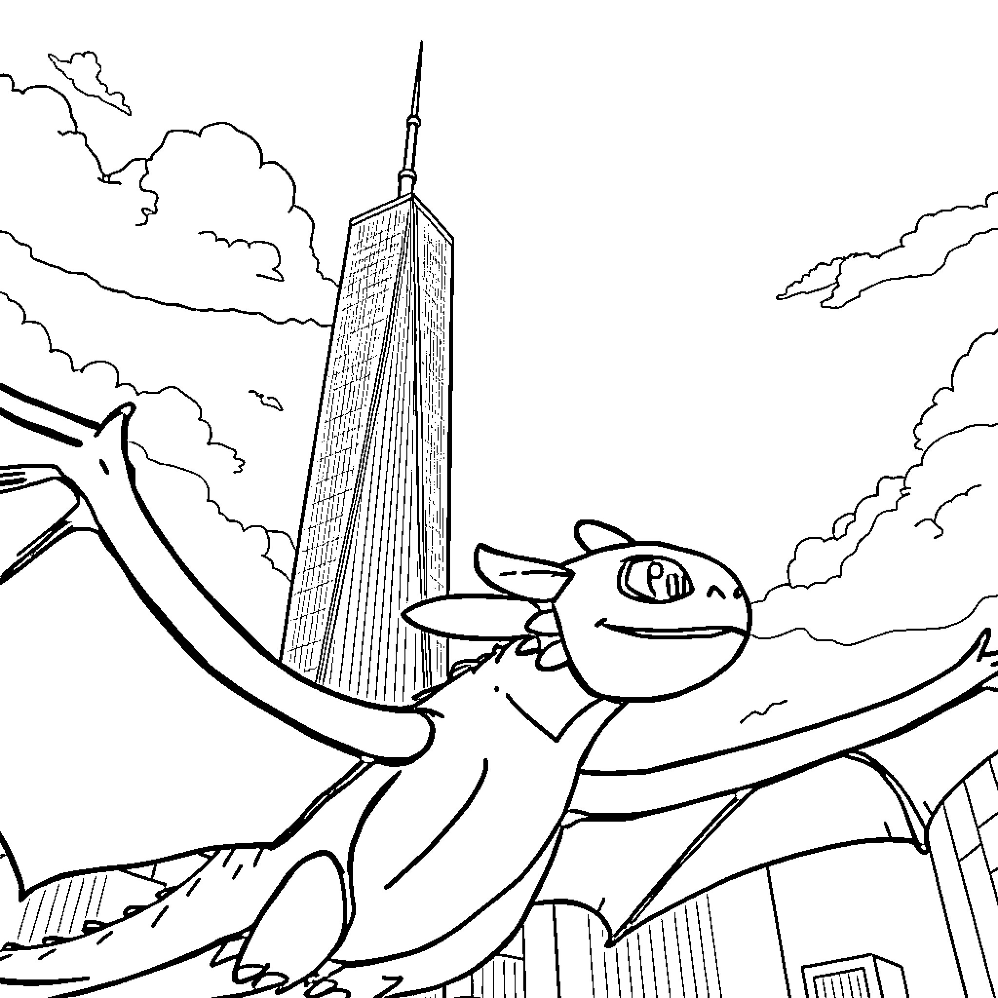 Toothless flying over the city skyline Coloring Page (free black-and-white line drawing printable PDF for all, from beginners to advanced learners, including children, teens, adults, and seniors)