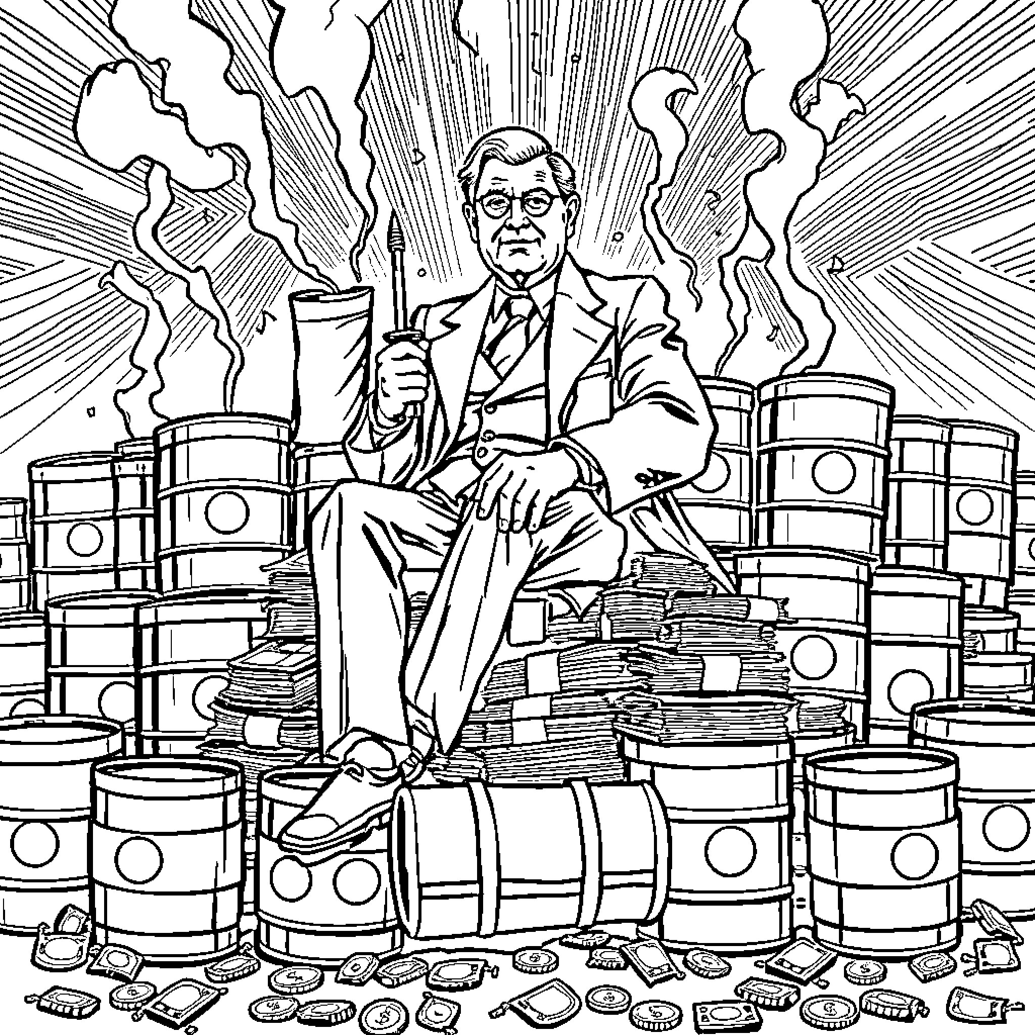 J.D. Rockefeller surrounded by oil barrels and money Coloring Page (free black-and-white line drawing printable PDF for all, from beginners to advanced learners, including children, teens, adults, and seniors)