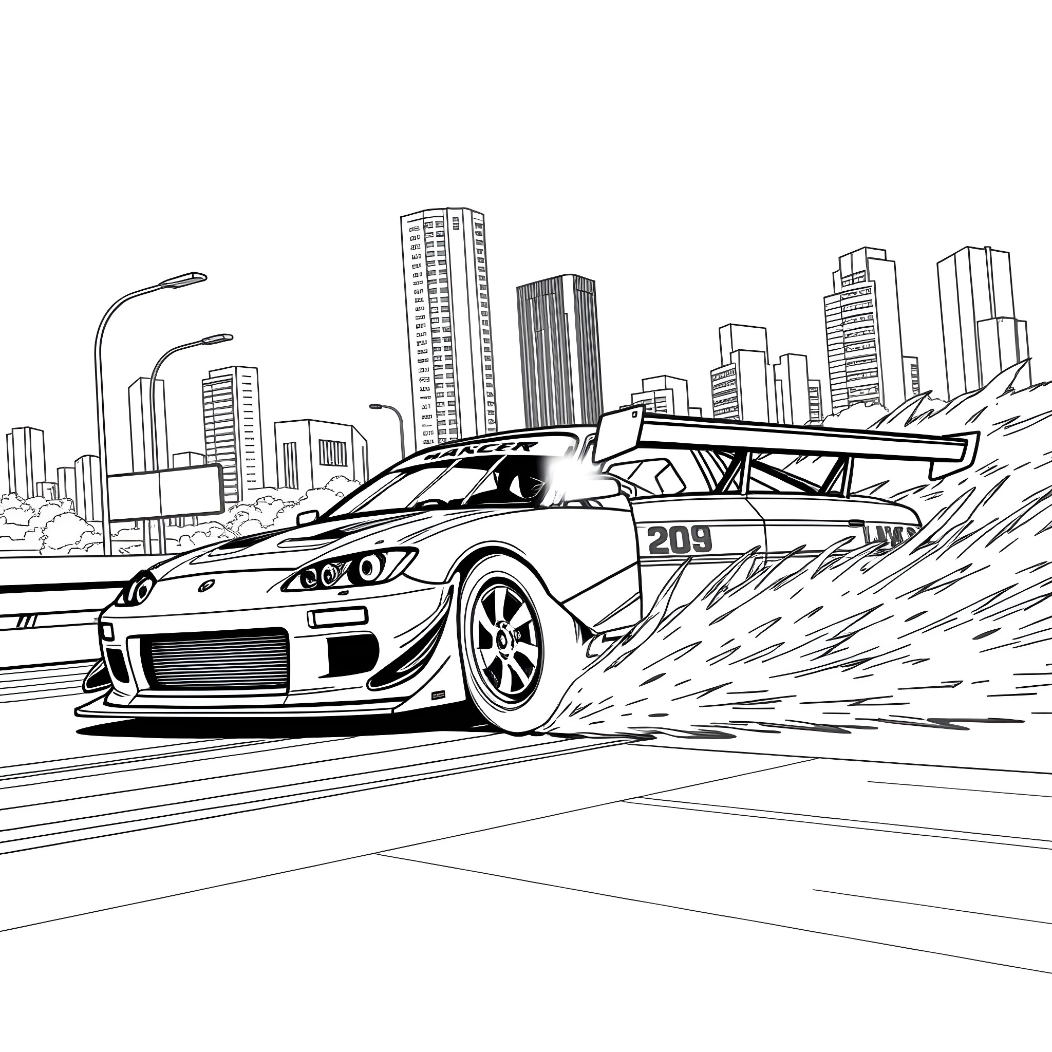 Stance Car racing through the city Coloring Page (free black-and-white line drawing printable PDF for all, from beginners to advanced learners, including children, teens, adults, and seniors)