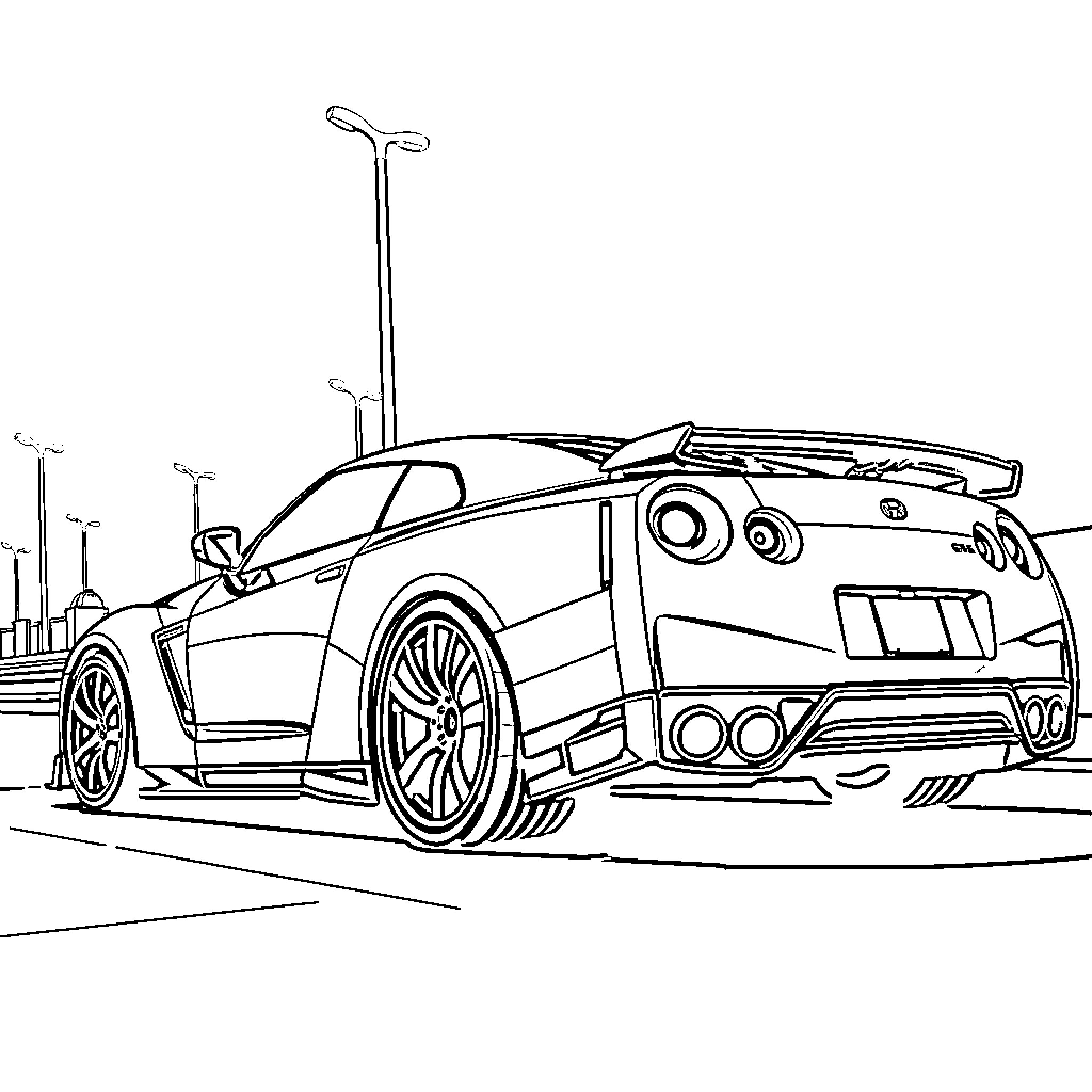 Guitar-shaped Sports Car Speeding Down the Road Coloring Page (free black-and-white line drawing printable PDF for all, from beginners to advanced learners, including children, teens, adults, and seniors)