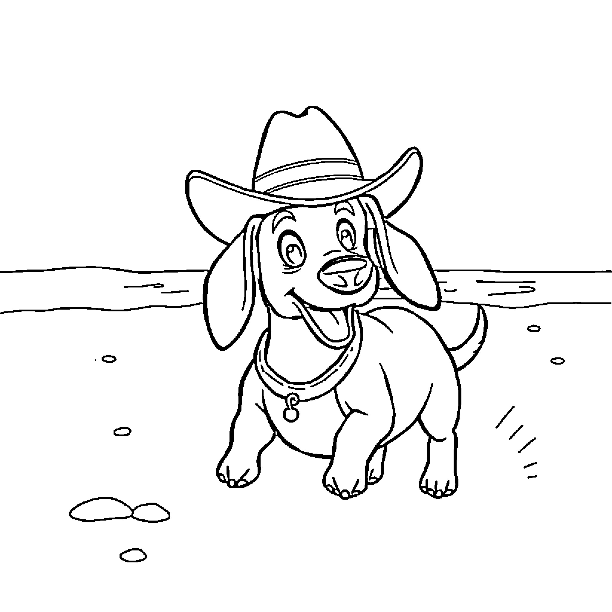 Dog wearing a cowboy hat on the beach Coloring Page (free black-and-white line drawing printable PDF for all, from beginners to advanced learners, including children, teens, adults, and seniors)