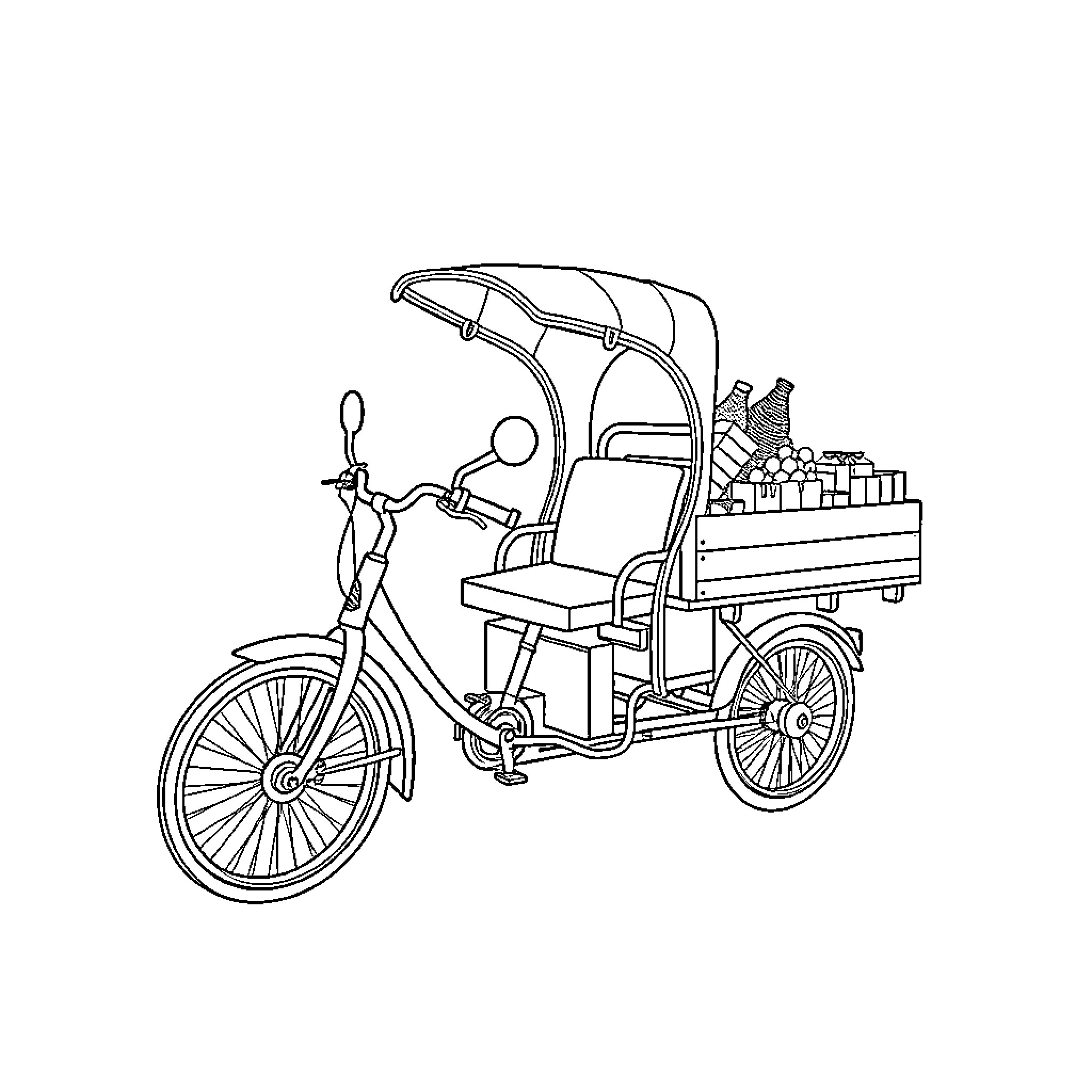 Triciclo carrying goods on a bicycle Coloring Page (free black-and-white line drawing printable PDF for all, from beginners to advanced learners, including children, teens, adults, and seniors)