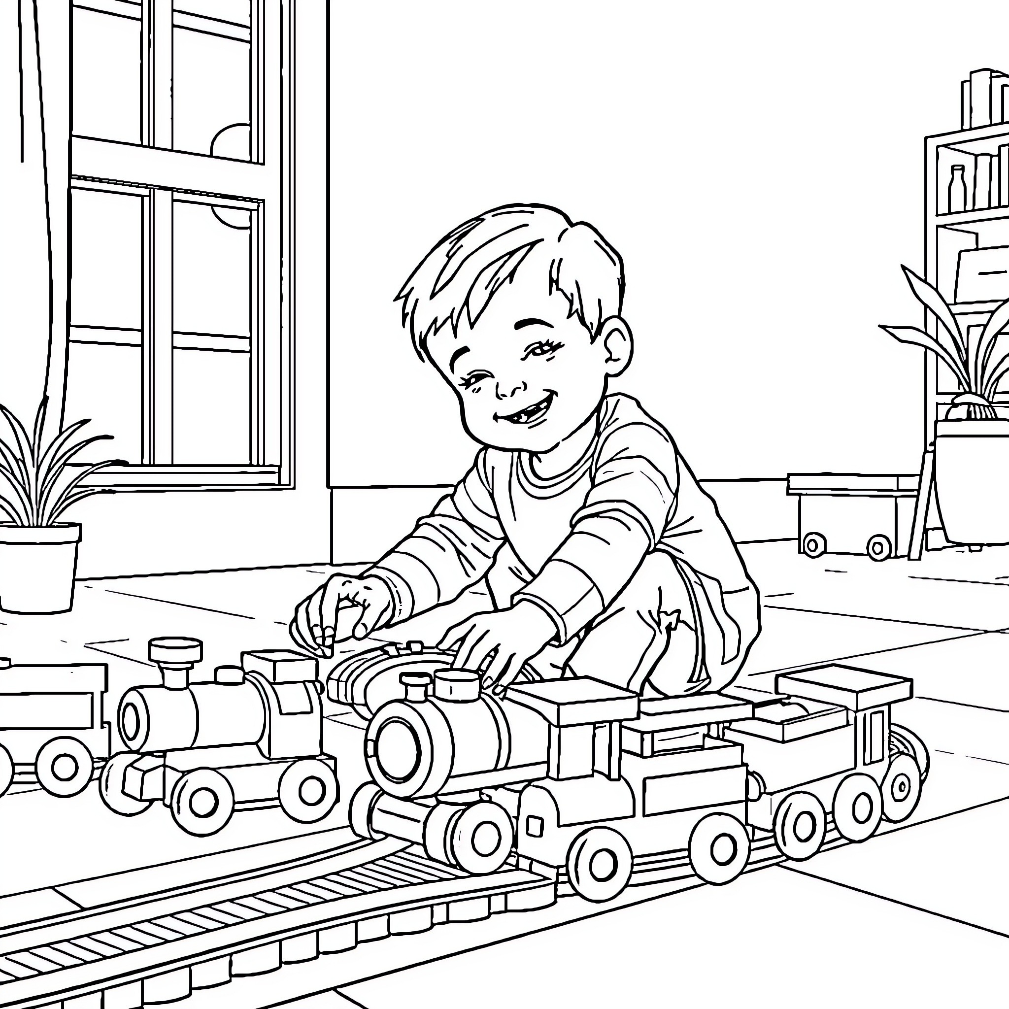 Boy playing happily with wooden train toys Coloring Page (free black-and-white line drawing printable PDF for all, from beginners to advanced learners, including children, teens, adults, and seniors)