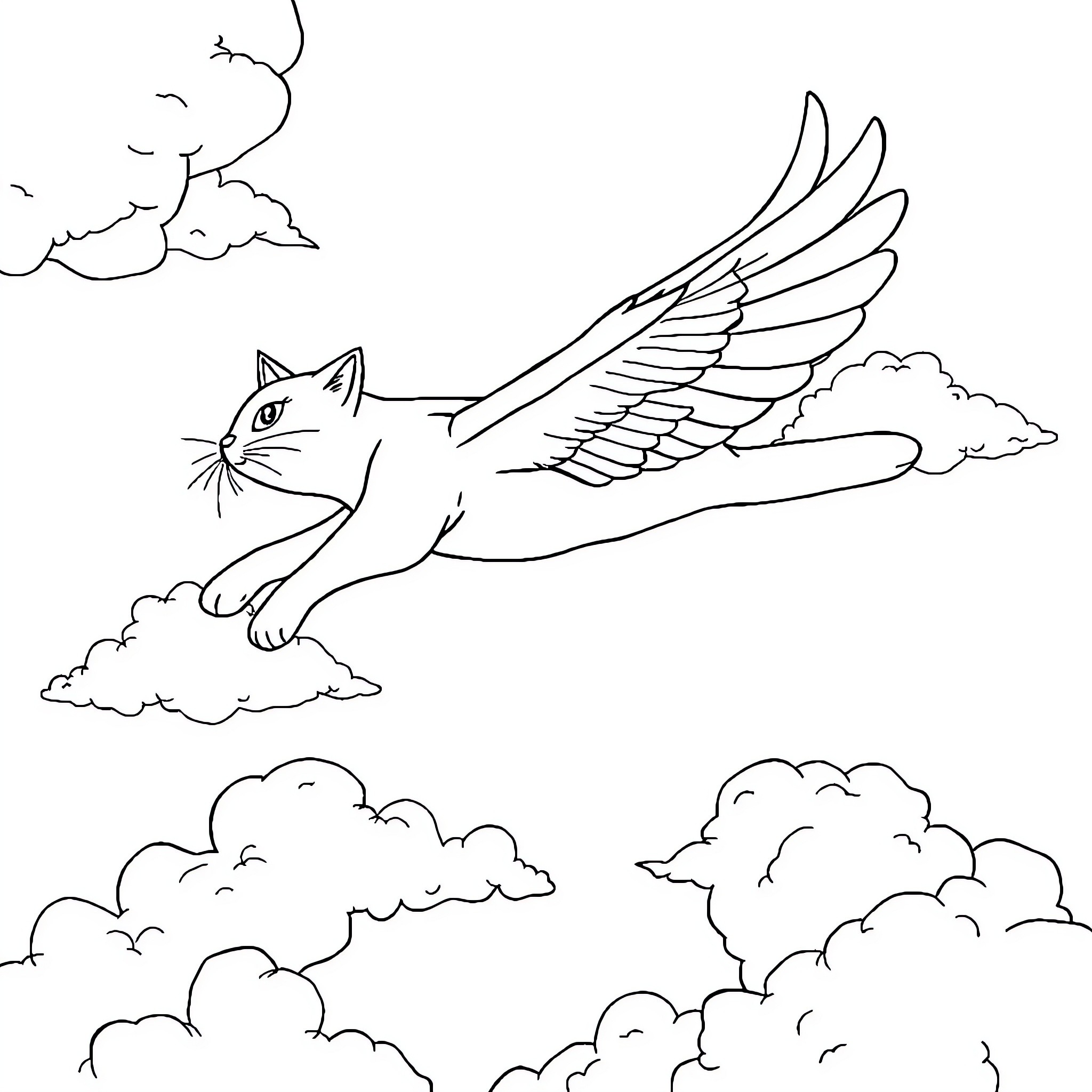 Flying Cat soaring through the clouds Coloring Page (free black-and-white line drawing printable PDF for all, from beginners to advanced learners, including children, teens, adults, and seniors)