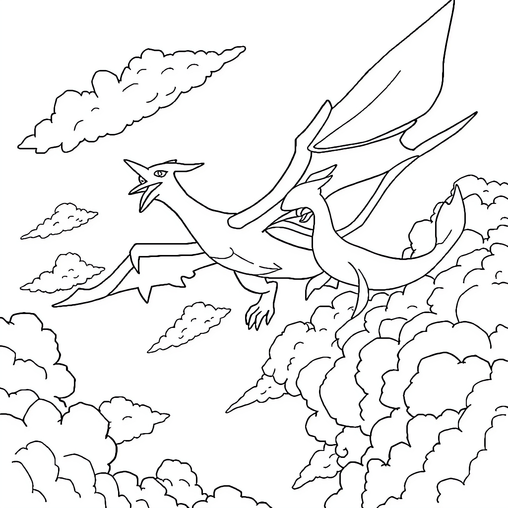 Lugia soaring amidst the cloudy skies Coloring Page (free black-and-white line drawing printable PDF for all, from beginners to advanced learners, including children, teens, adults, and seniors)