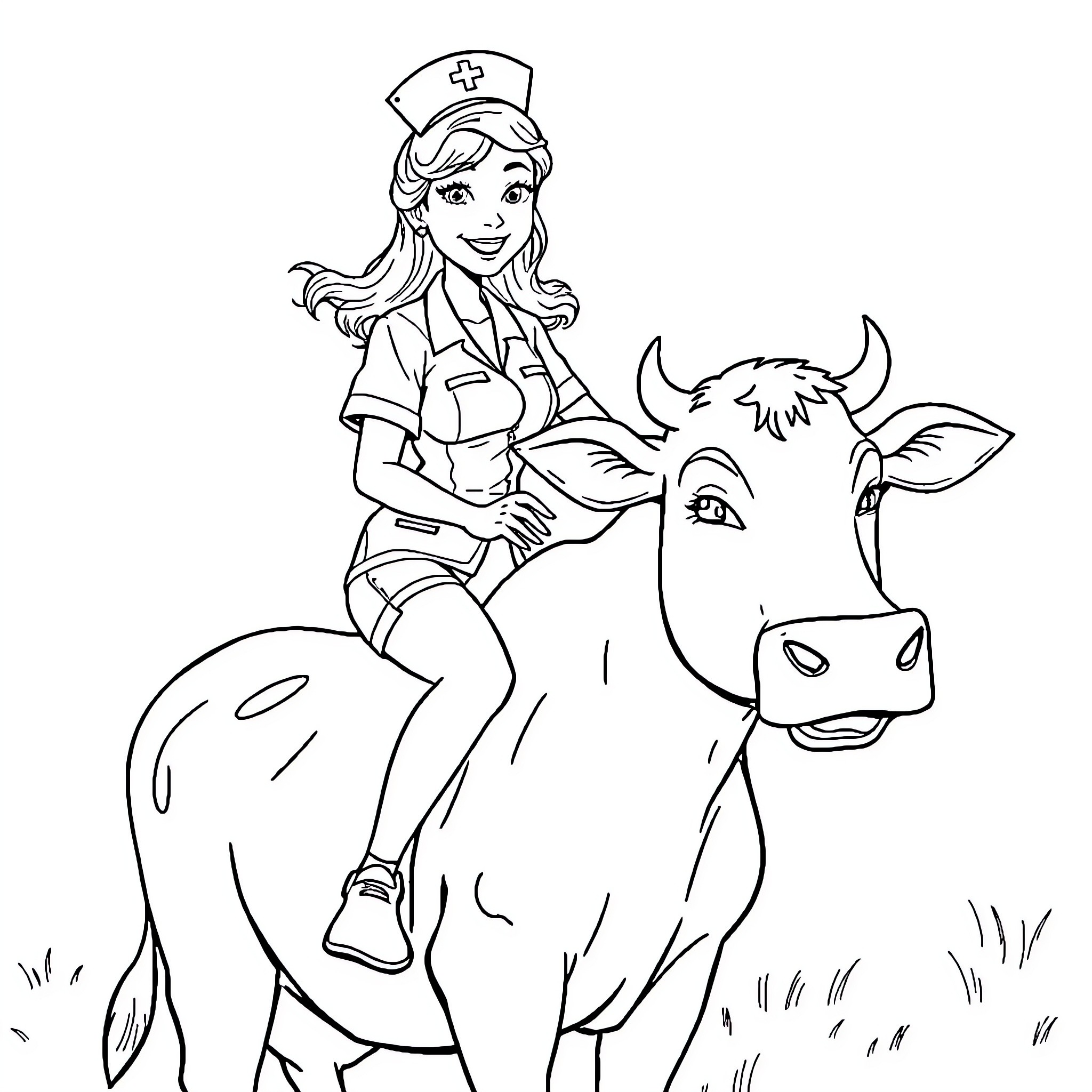 Nurse riding a cow in a field Coloring Page (free black-and-white line drawing printable PDF for all, from beginners to advanced learners, including children, teens, adults, and seniors)