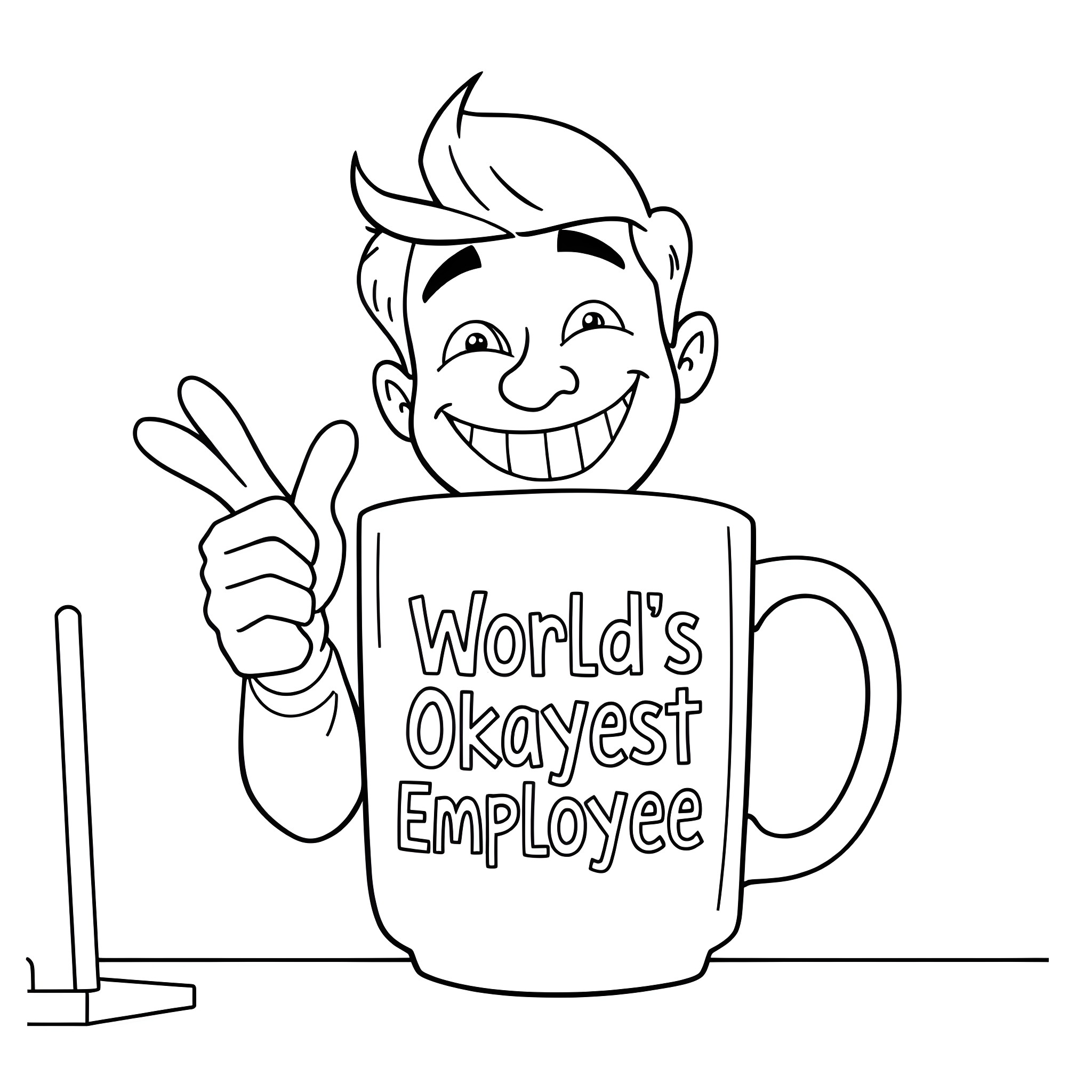 Office Worker Holding World's Okayest Employee Mug Coloring Page (free black-and-white line drawing printable PDF for all, from beginners to advanced learners, including children, teens, adults, and seniors)