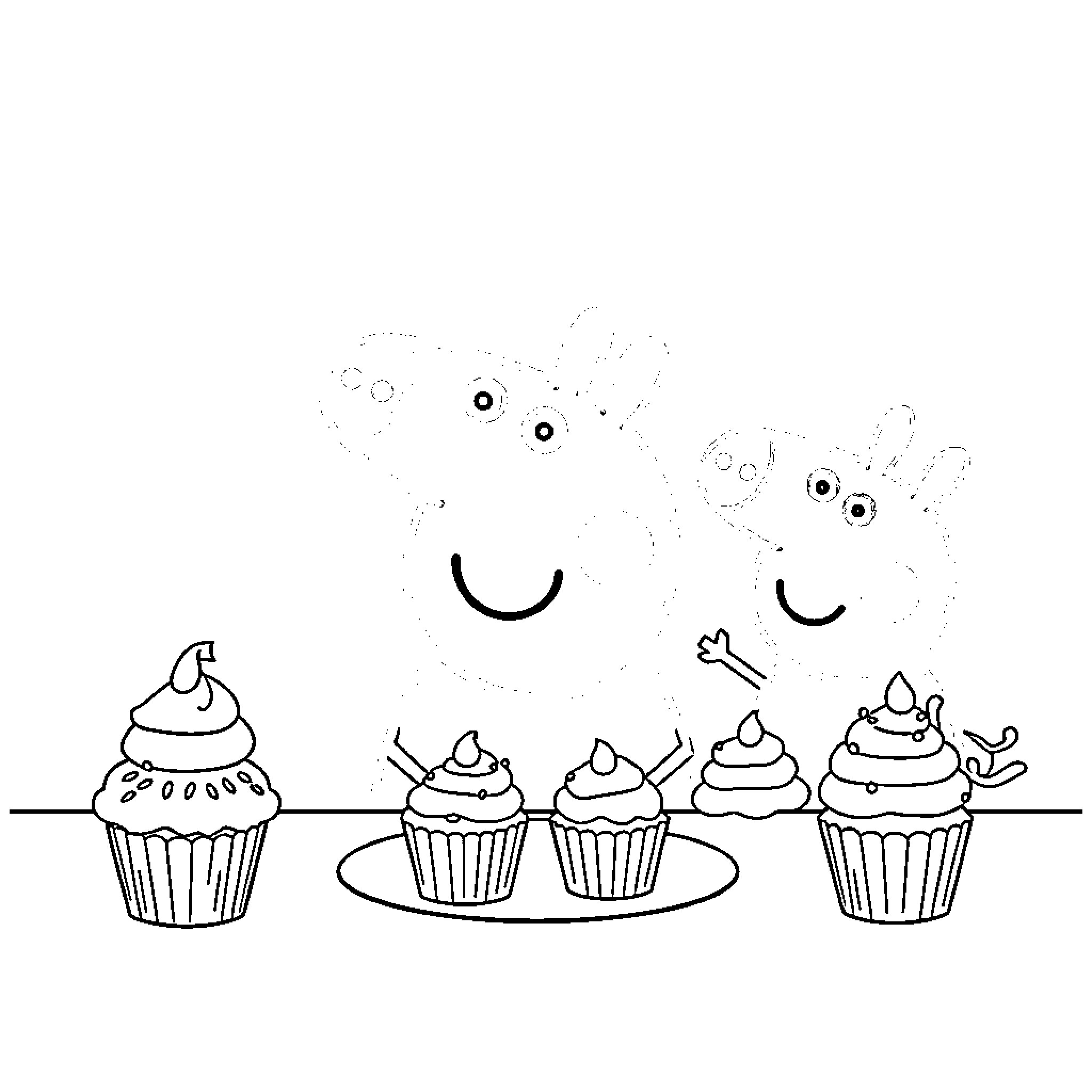 Peppa Pig playing with delightful cupcakes Coloring Page (free black-and-white line drawing printable PDF for all, from beginners to advanced learners, including children, teens, adults, and seniors)