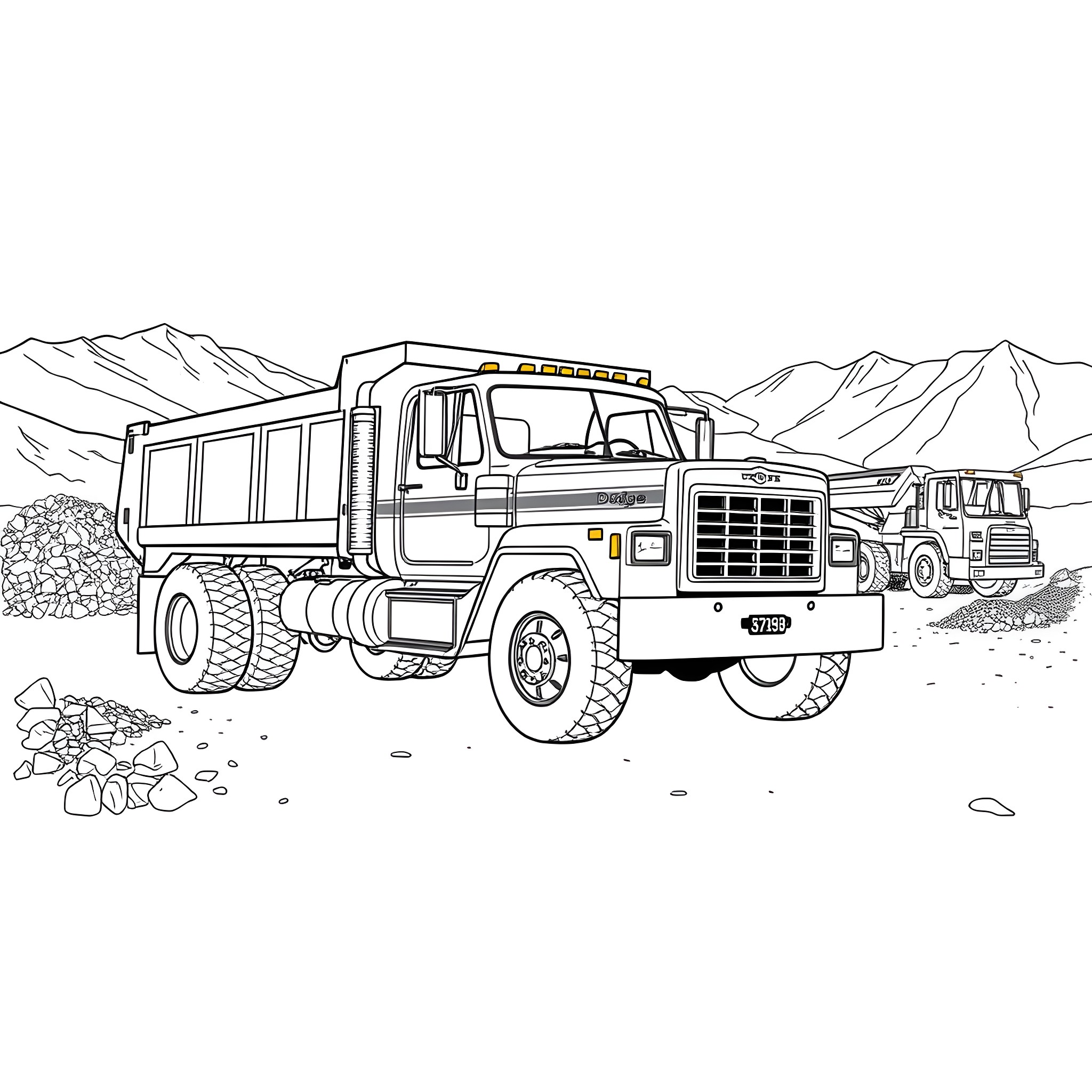 Dodge Dump Truck Navigating Mountainous Terrain Coloring Page (free black-and-white line drawing printable PDF for all, from beginners to advanced learners, including children, teens, adults, and seniors)