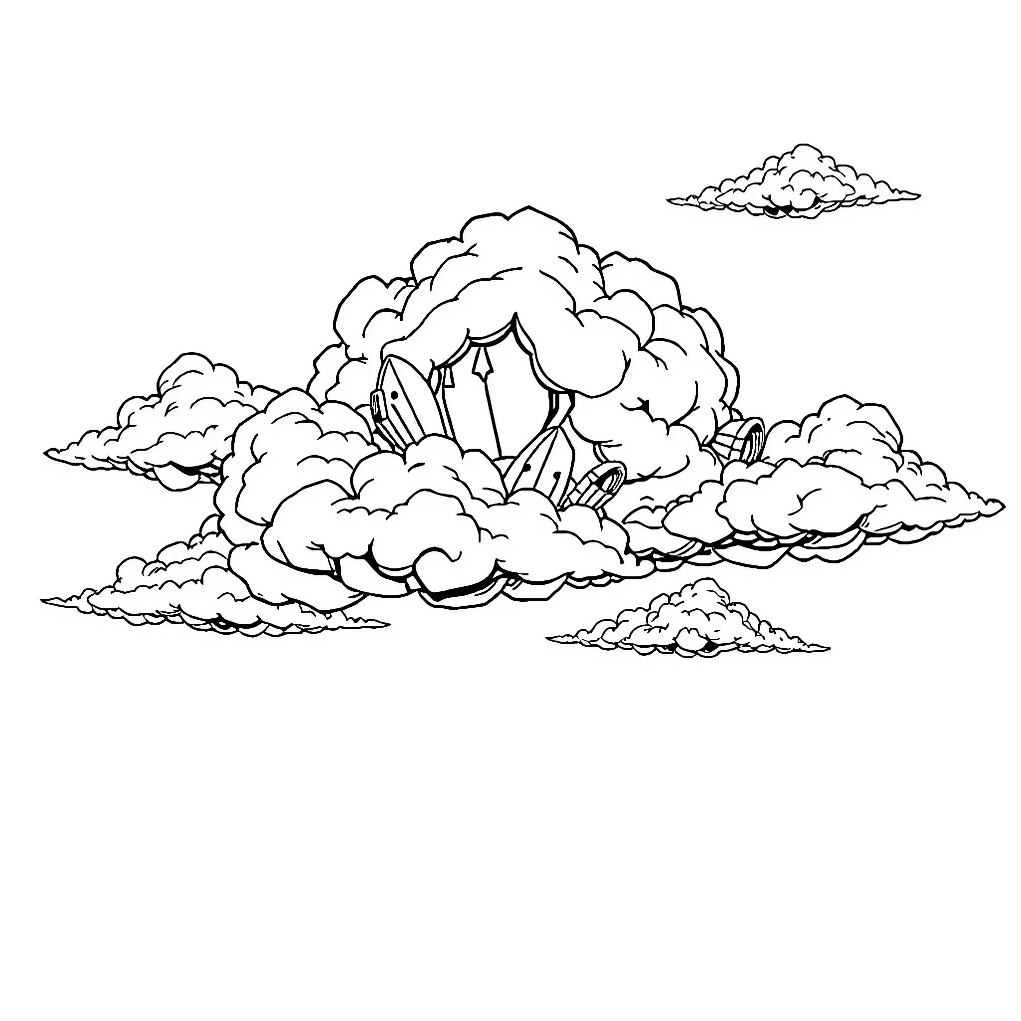 Cloud Formations in Whimsical Skies Coloring Page (free black-and-white line drawing printable PDF for all, from beginners to advanced learners, including children, teens, adults, and seniors)