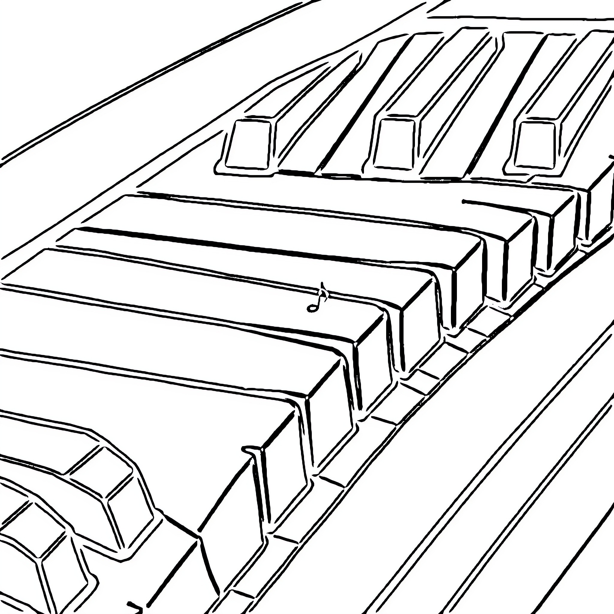 Piano keys in dramatic perspective Coloring Page (free black-and-white line drawing printable PDF for all, from beginners to advanced learners, including children, teens, adults, and seniors)
