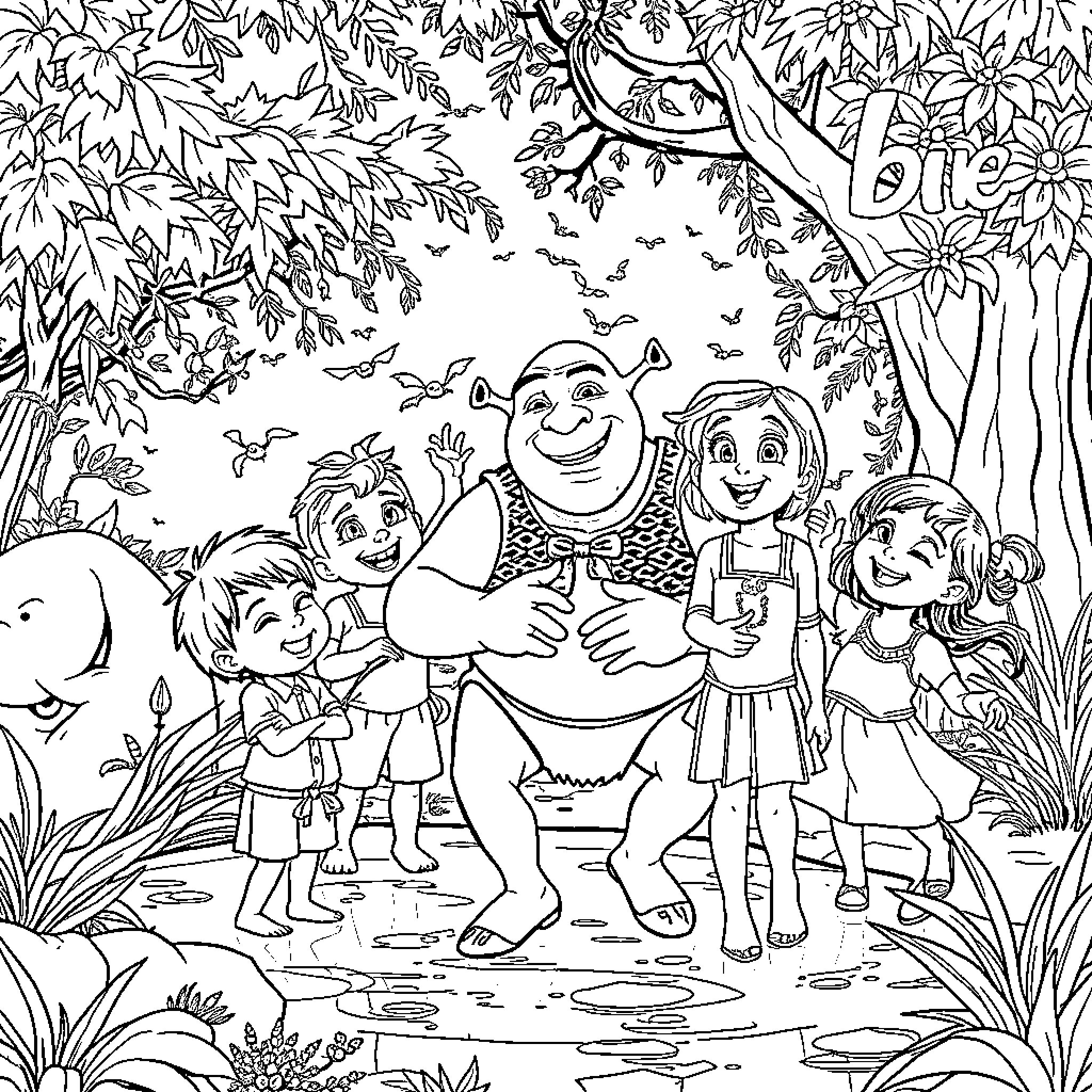 Shrek and his friends enjoying the forest scenery Coloring Page (free black-and-white line drawing printable PDF for all, from beginners to advanced learners, including children, teens, adults, and seniors)