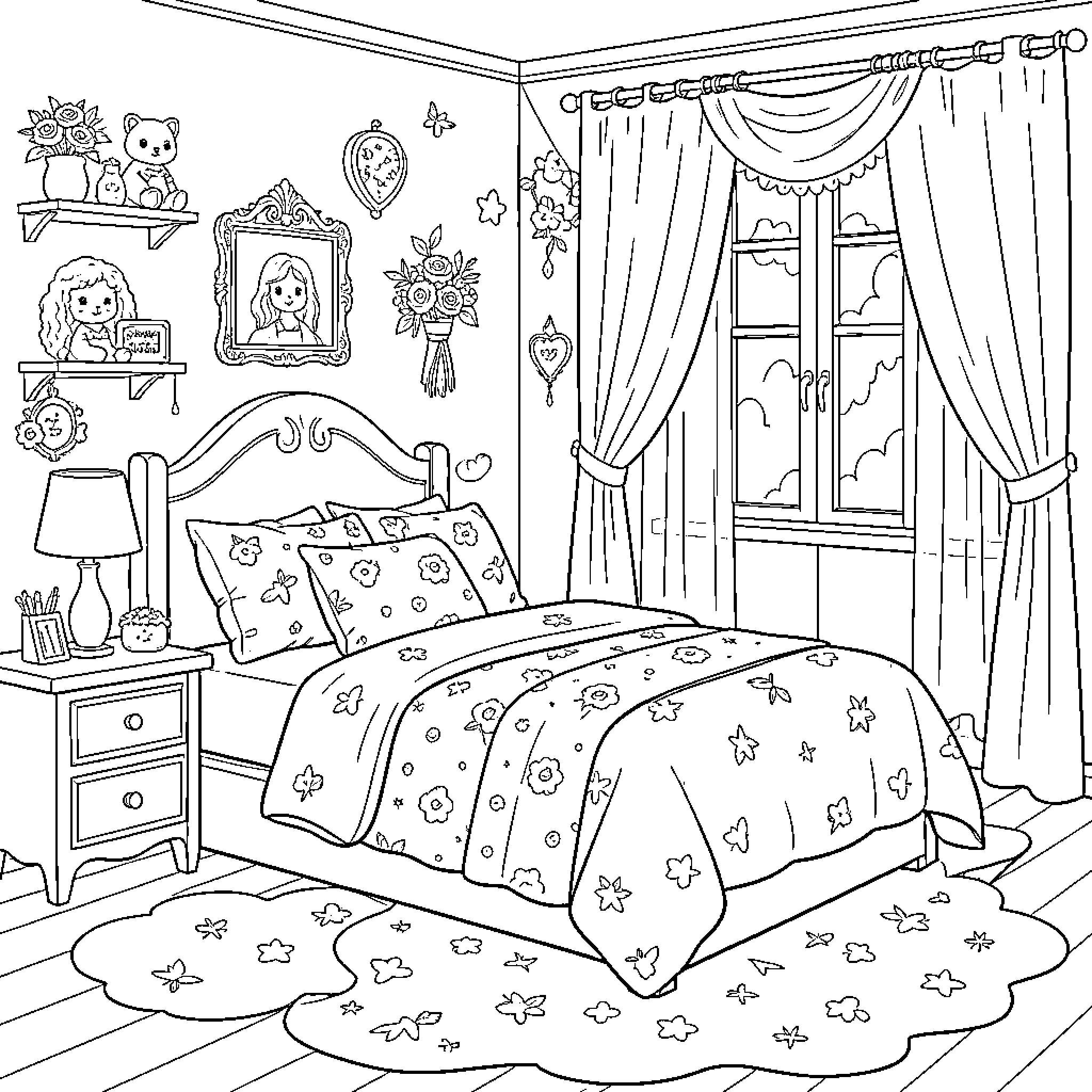 Room with a cozy bed and decorated walls Coloring Page (free black-and-white line drawing printable PDF for all, from beginners to advanced learners, including children, teens, adults, and seniors)
