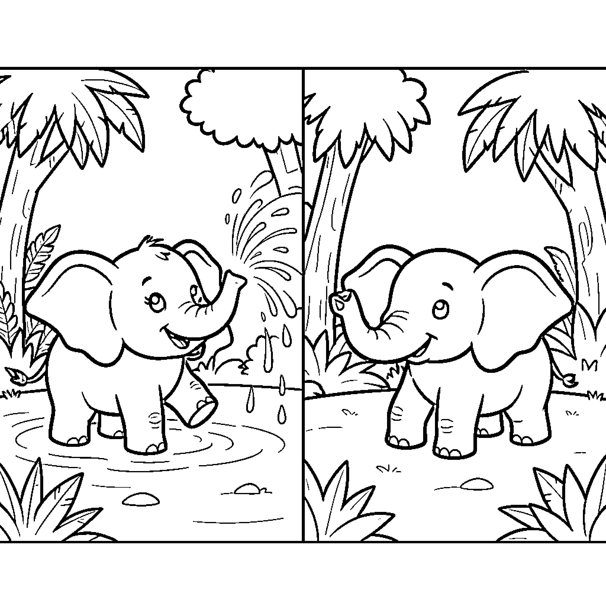 Elephant Playfully Splashing in the Jungle Coloring Page (free black-and-white line drawing printable PDF for all, from beginners to advanced learners, including children, teens, adults, and seniors)