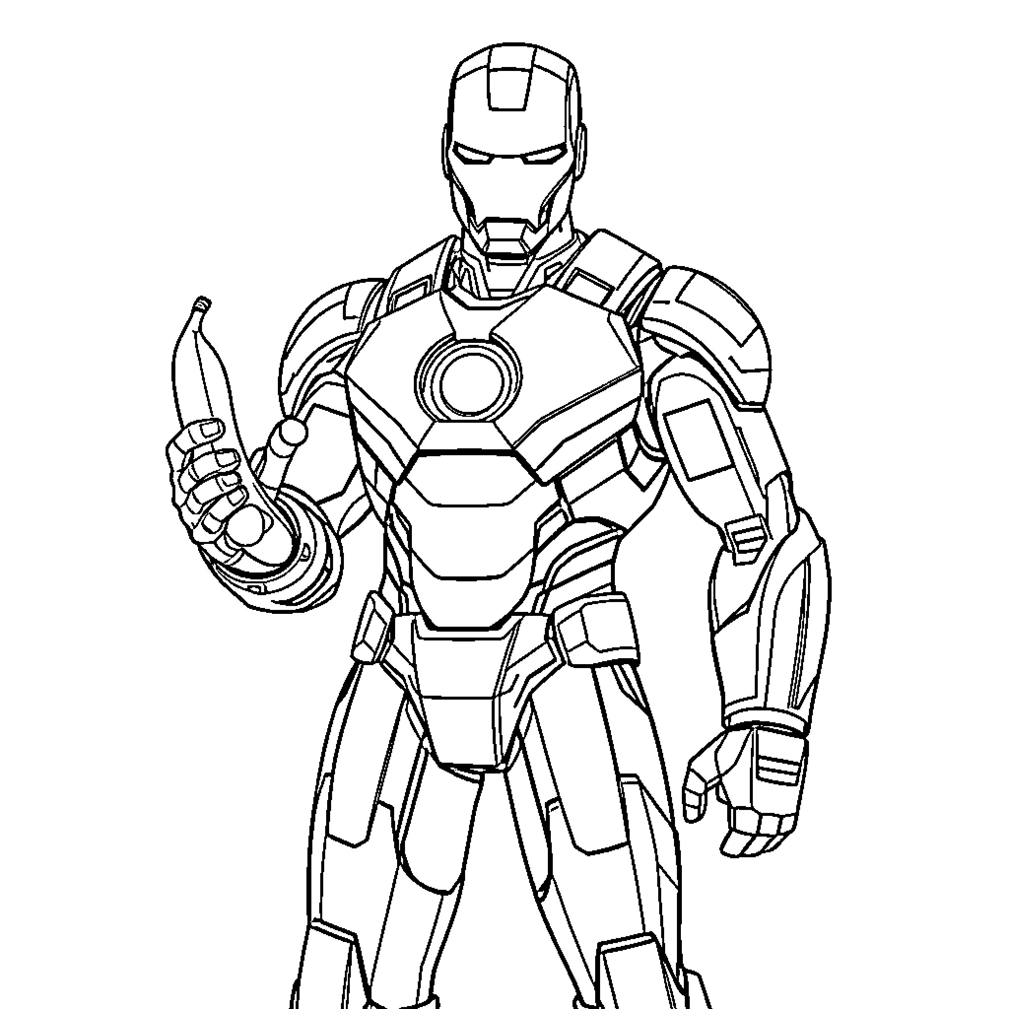 Ironman standing heroically with futuristic armor Coloring Page (free black-and-white line drawing printable PDF for all, from beginners to advanced learners, including children, teens, adults, and seniors)