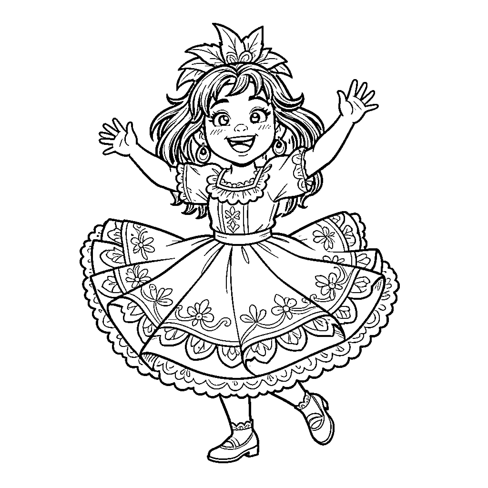 Mirabelle dancing joyfully in a traditional decorated dress Coloring Page (free black-and-white line drawing printable PDF for all, from beginners to advanced learners, including children, teens, adults, and seniors)