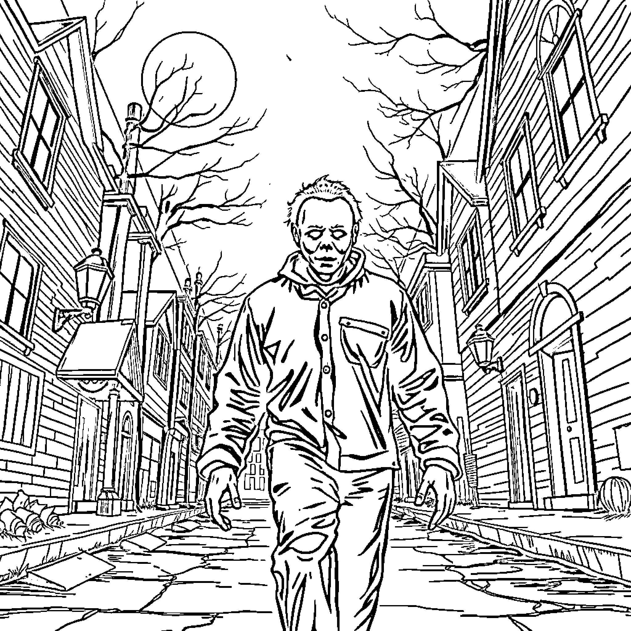 Michael Myers Stalking Through the Eerie Night Coloring Page (free black-and-white line drawing printable PDF for all, from beginners to advanced learners, including children, teens, adults, and seniors)